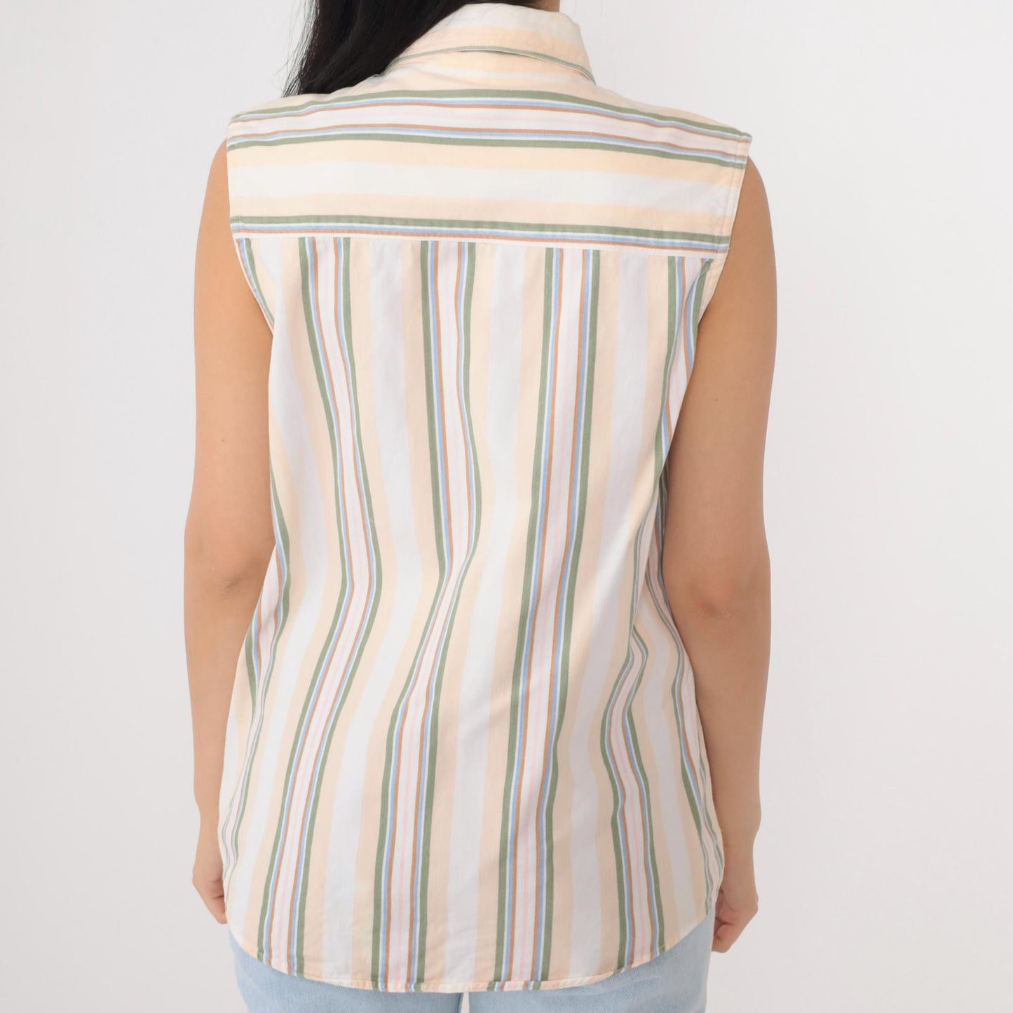 90s Westport Striped Cotton Tank Top Multicolour Chest Pocket Collar Medium M