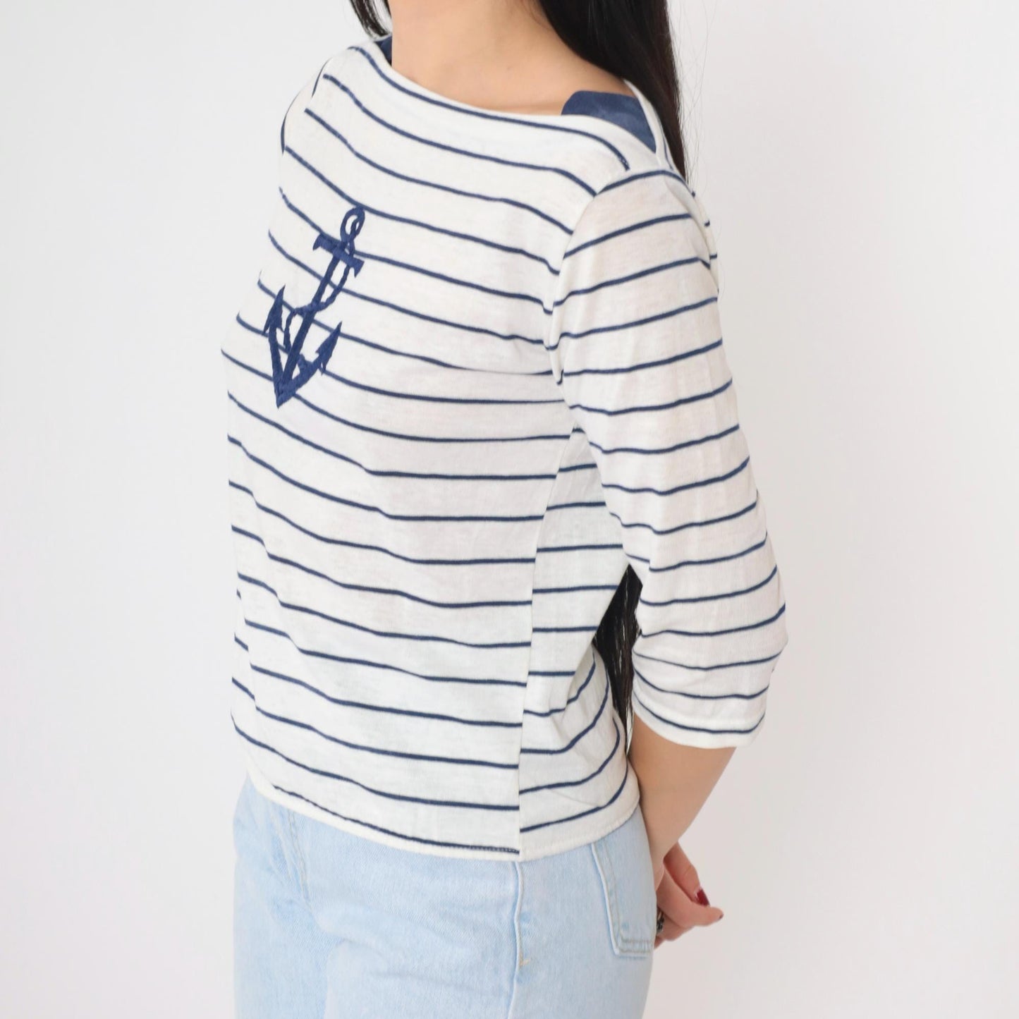 80s Striped Anchor Boatneck T-Shirt White Navy Half Sleeve Small
