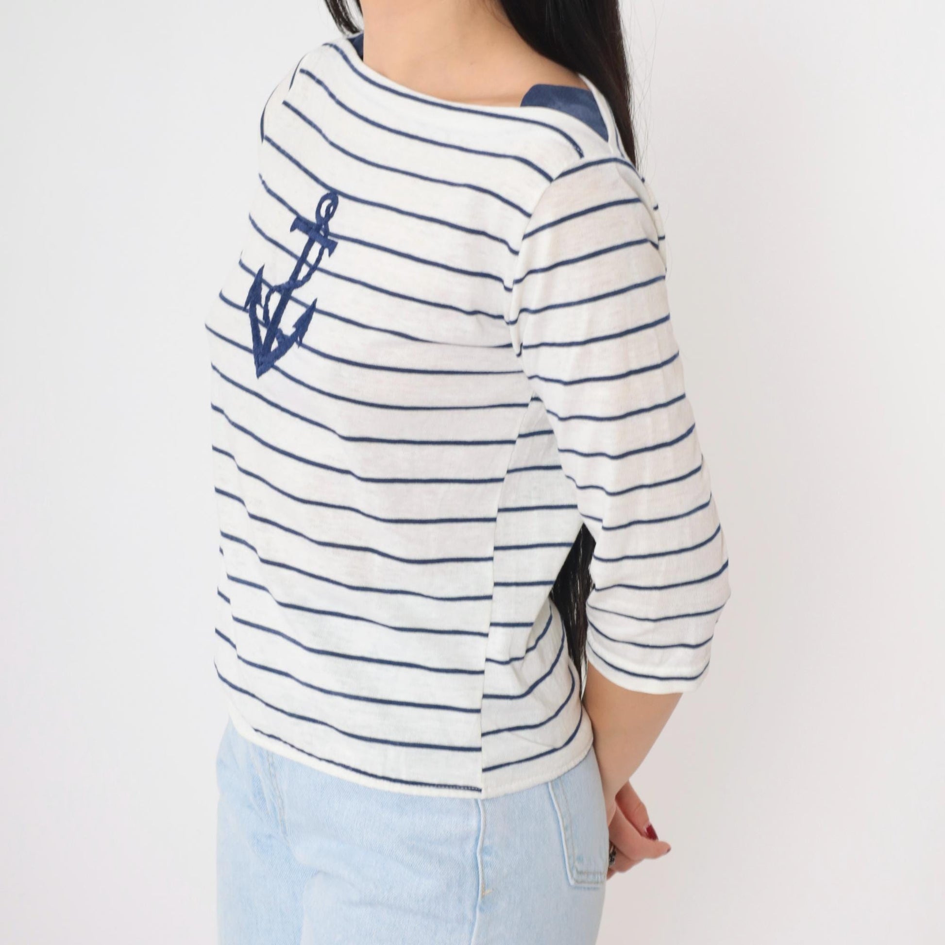 80s Striped Anchor Boatneck T-Shirt White Navy Half Sleeve Small