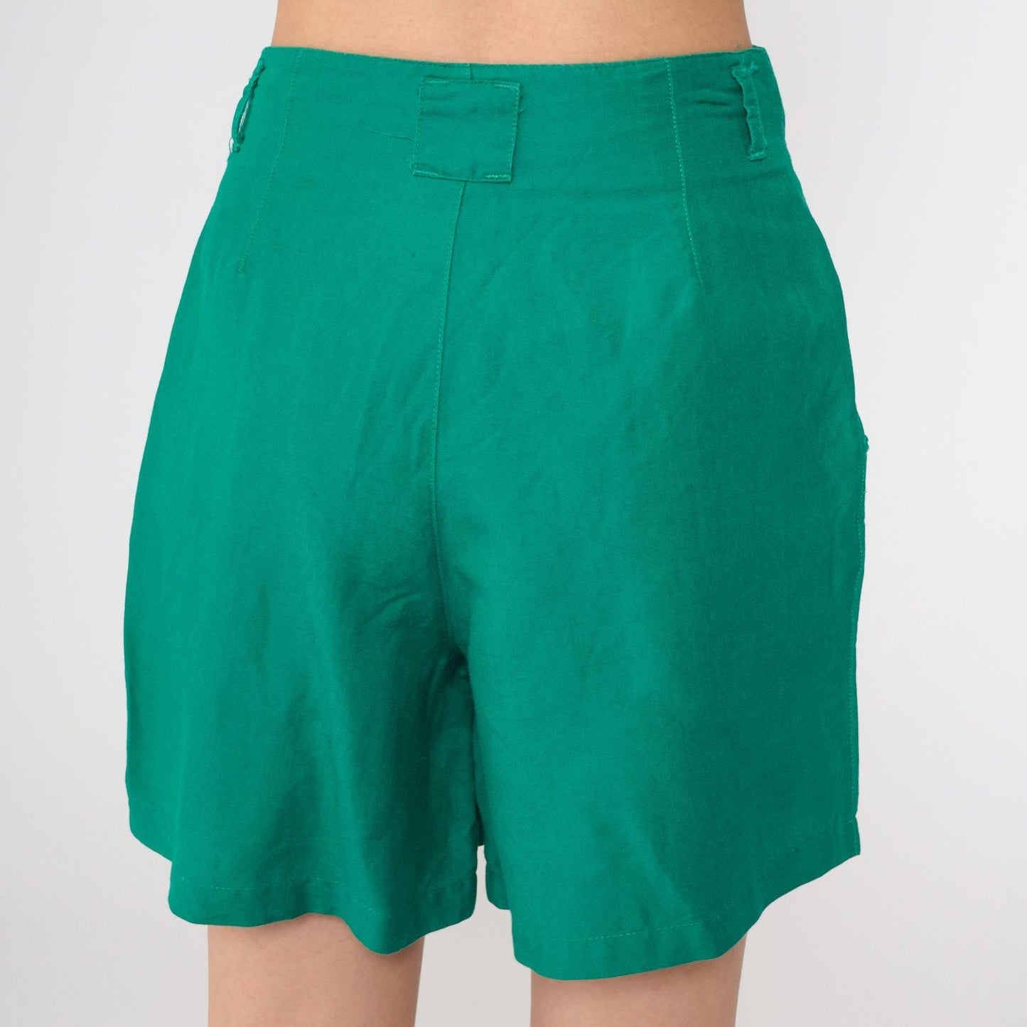 90s Green Pleated High-Waist Shorts Cotton Preppy Small