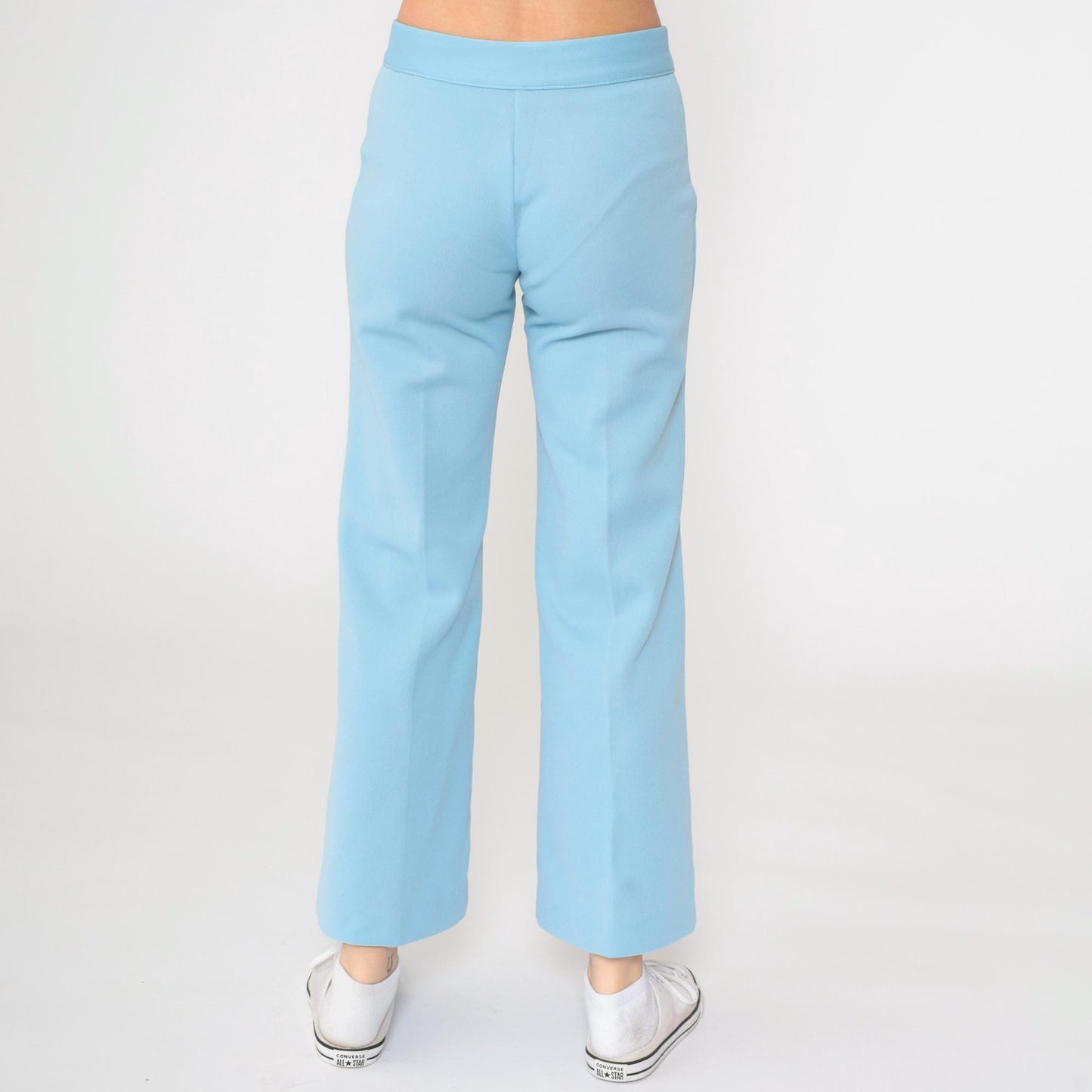 70s Baby Blue Polyester High Waist Bell Bottom Flared Trousers Small