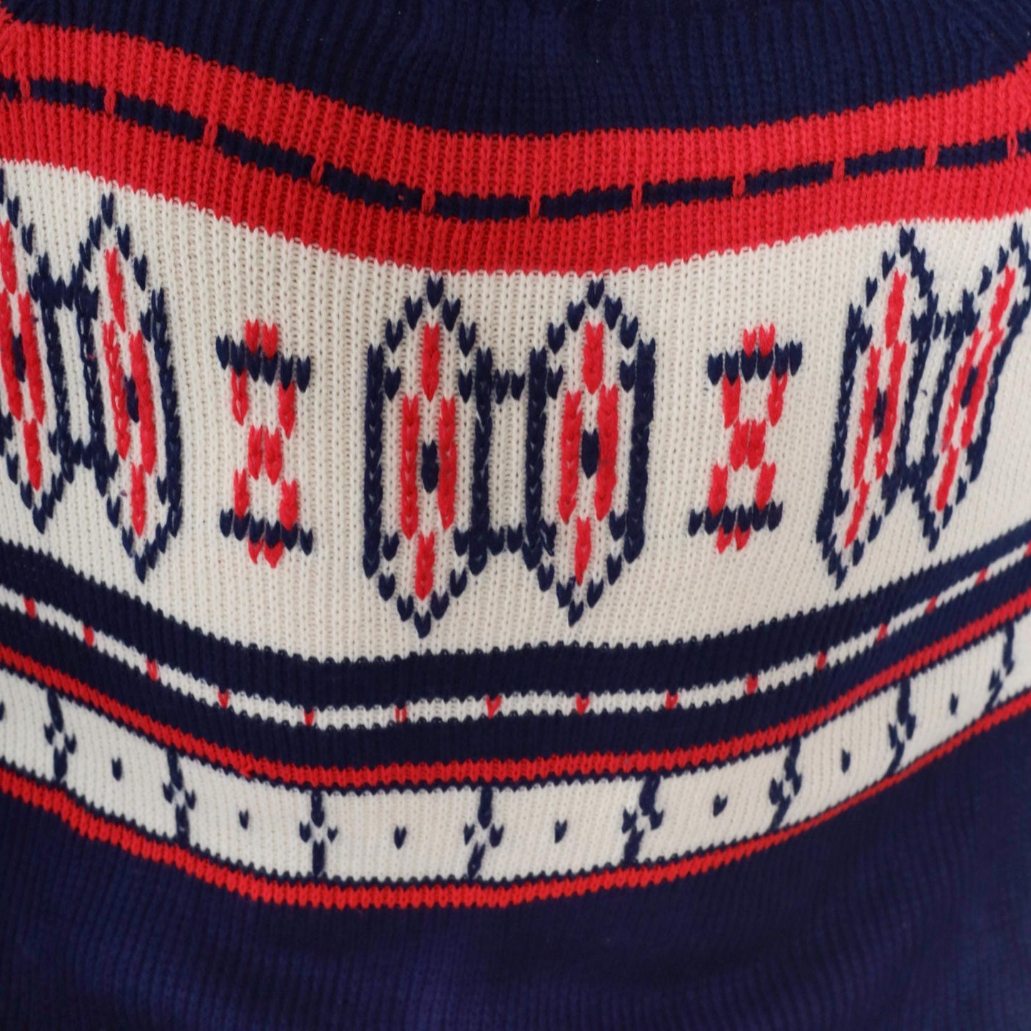 70s Nordic Yoke Sweater Navy Red White Geometric Knit Pullover Medium