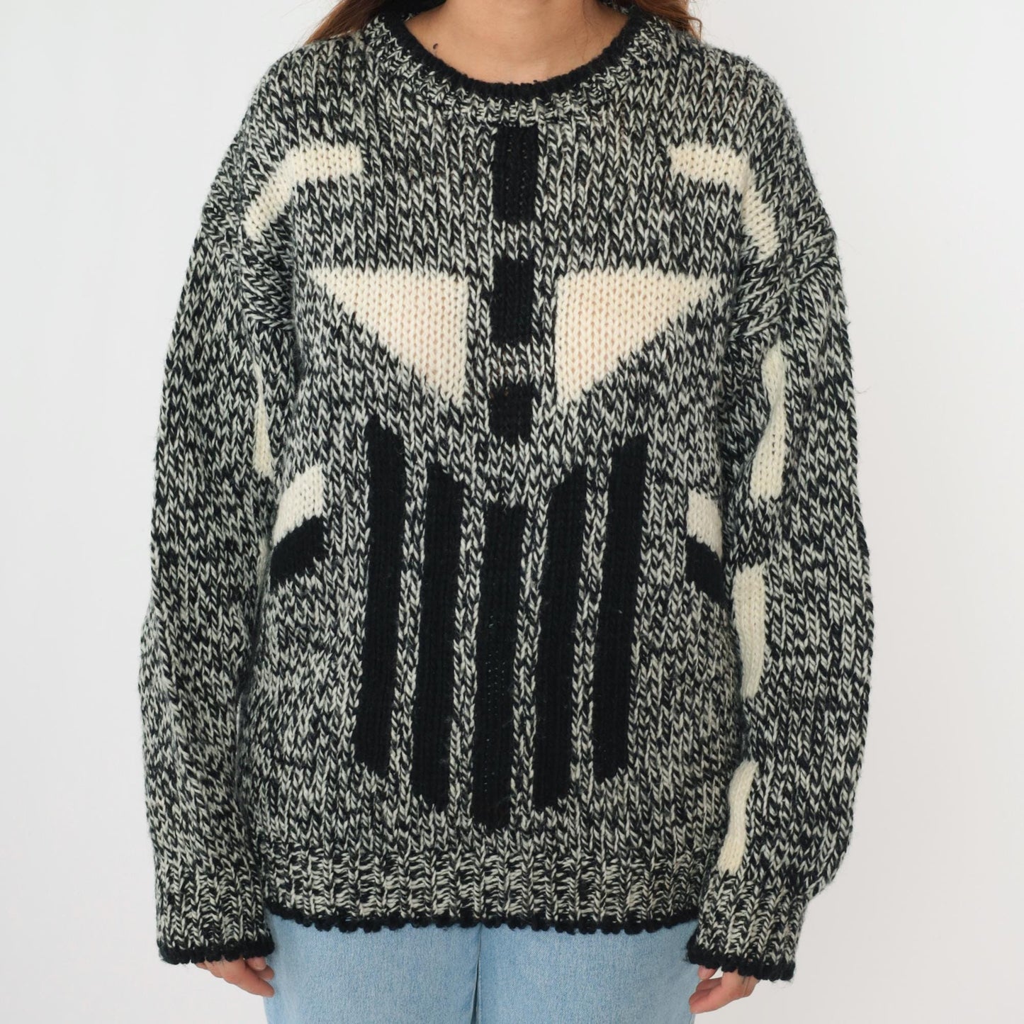 80s Michael Gerald Marled Knit Sweater Geometric Black White Crewneck Medium M