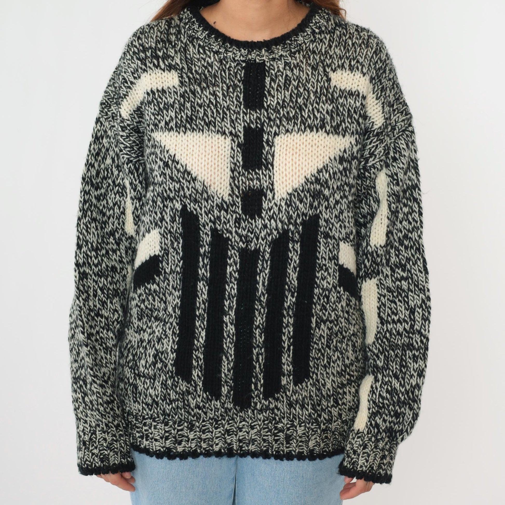 80s Michael Gerald Marled Knit Sweater Geometric Black White Crewneck Medium M