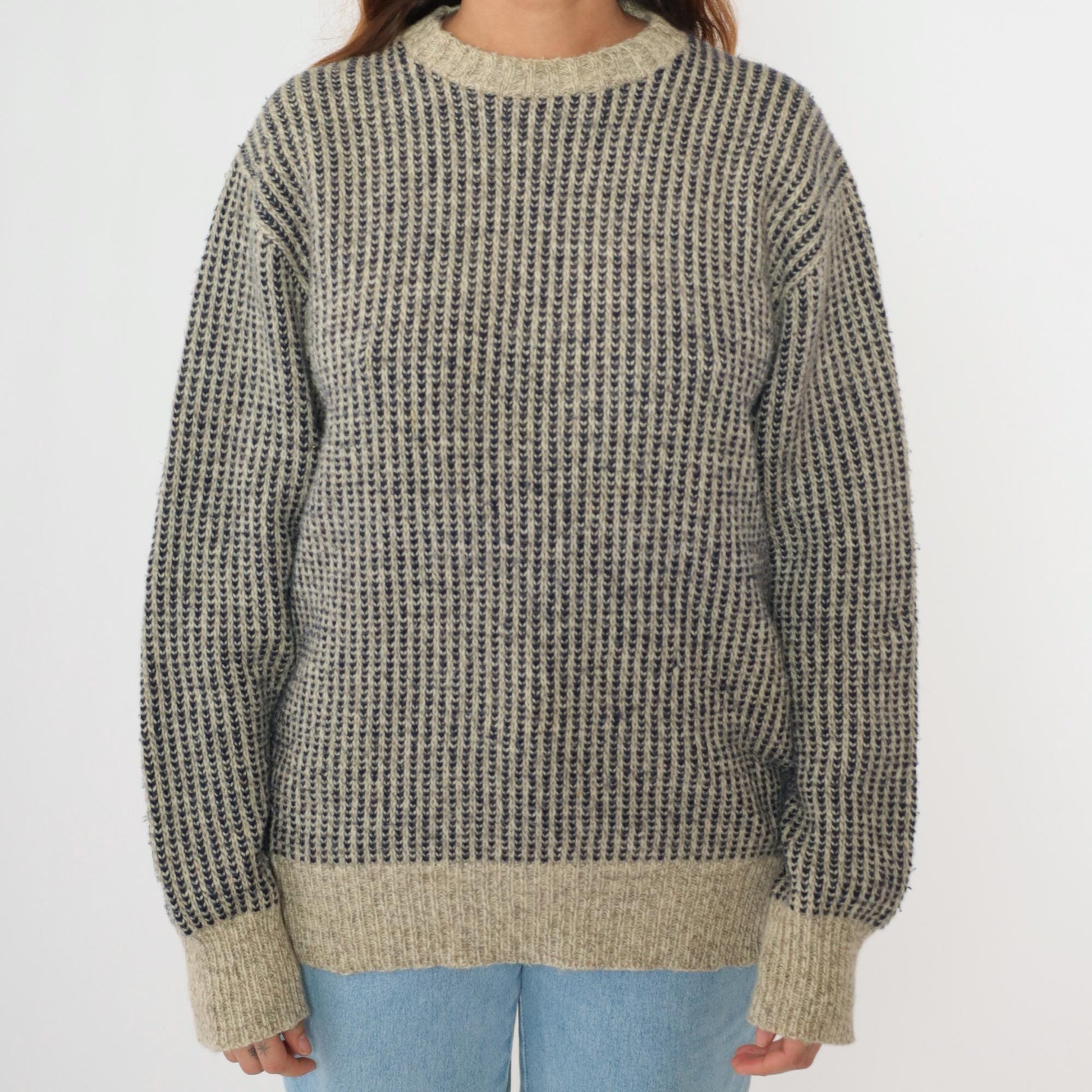 80s Wool Blend Striped Sweater Beige Navy Crew Neck Ribbed Knit Large L