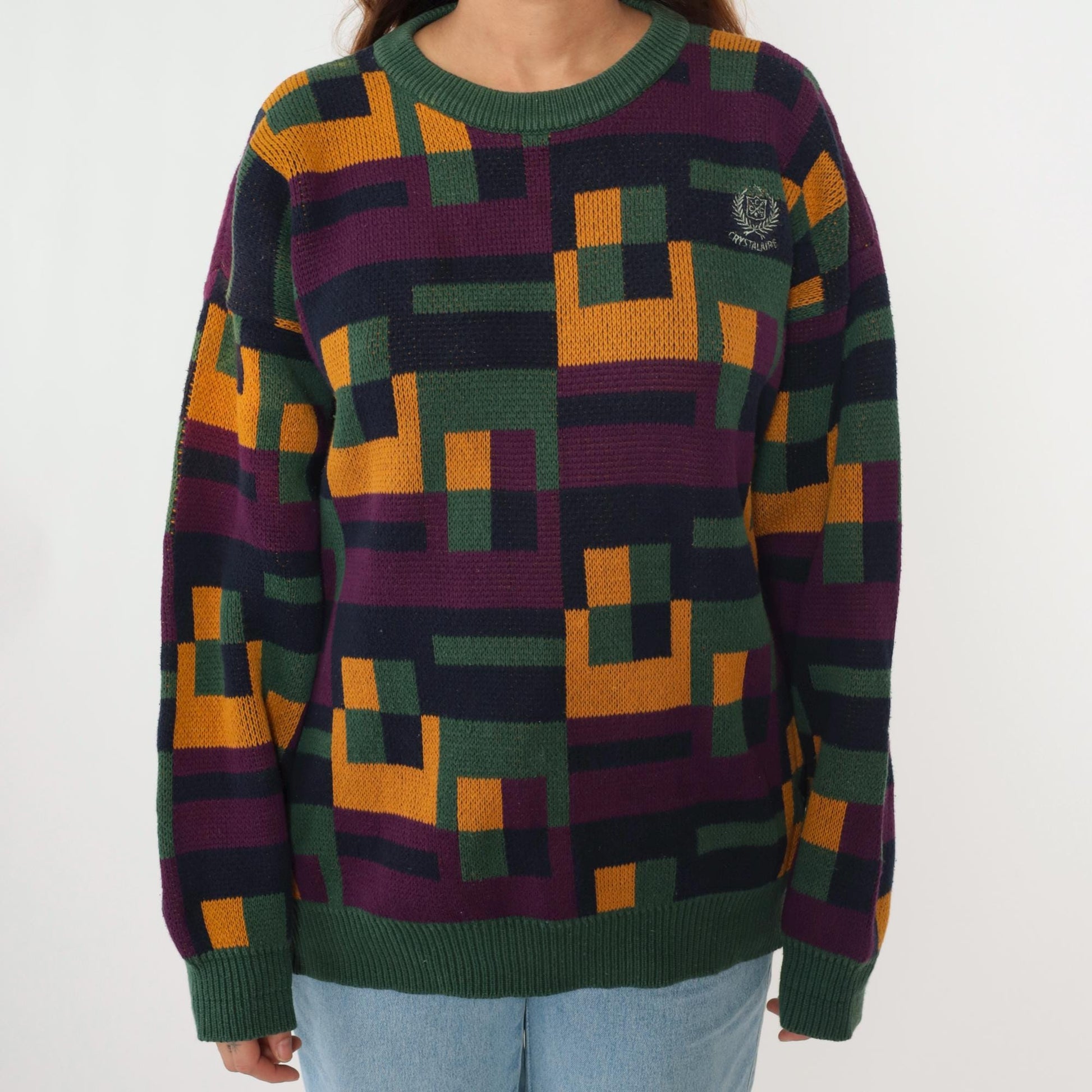90s Izod Club Crystalaire Geometric Pullover Green Yellow Purple Cotton Large L