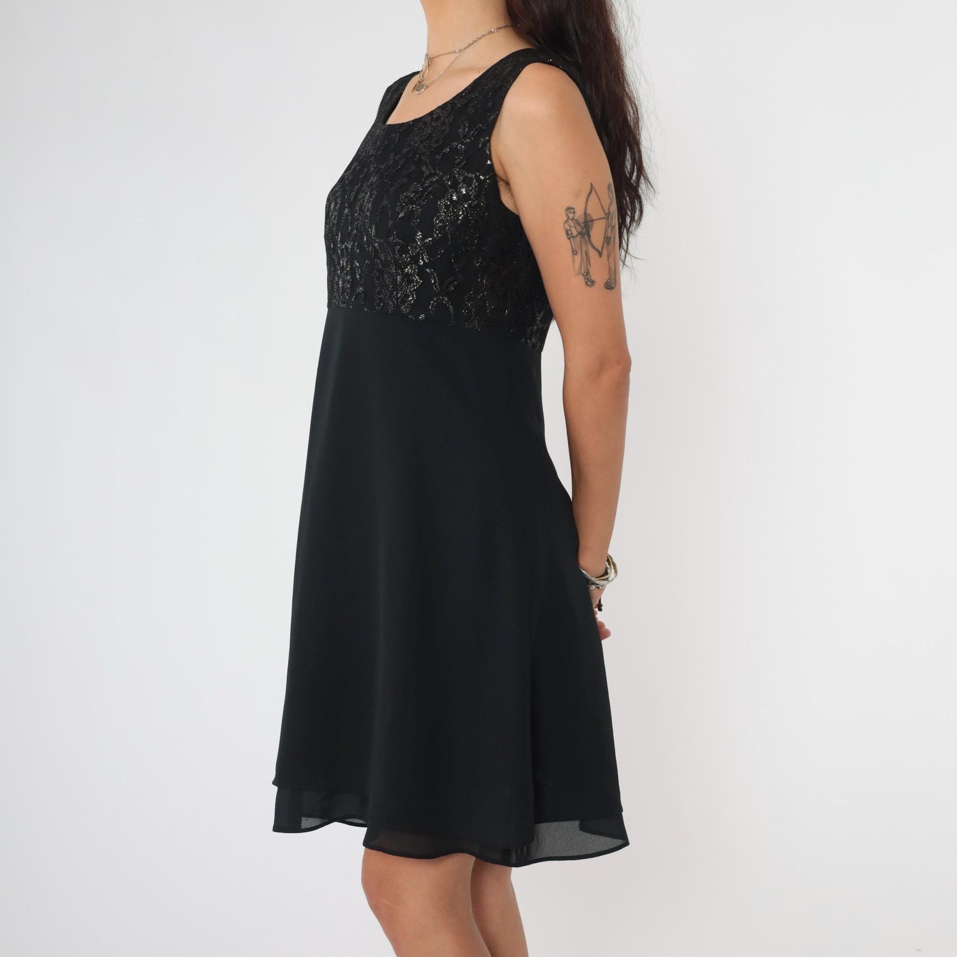 90s Black Lace Mini Dress Metallic Bodice Scoop Neck High Waist Flare Small 6