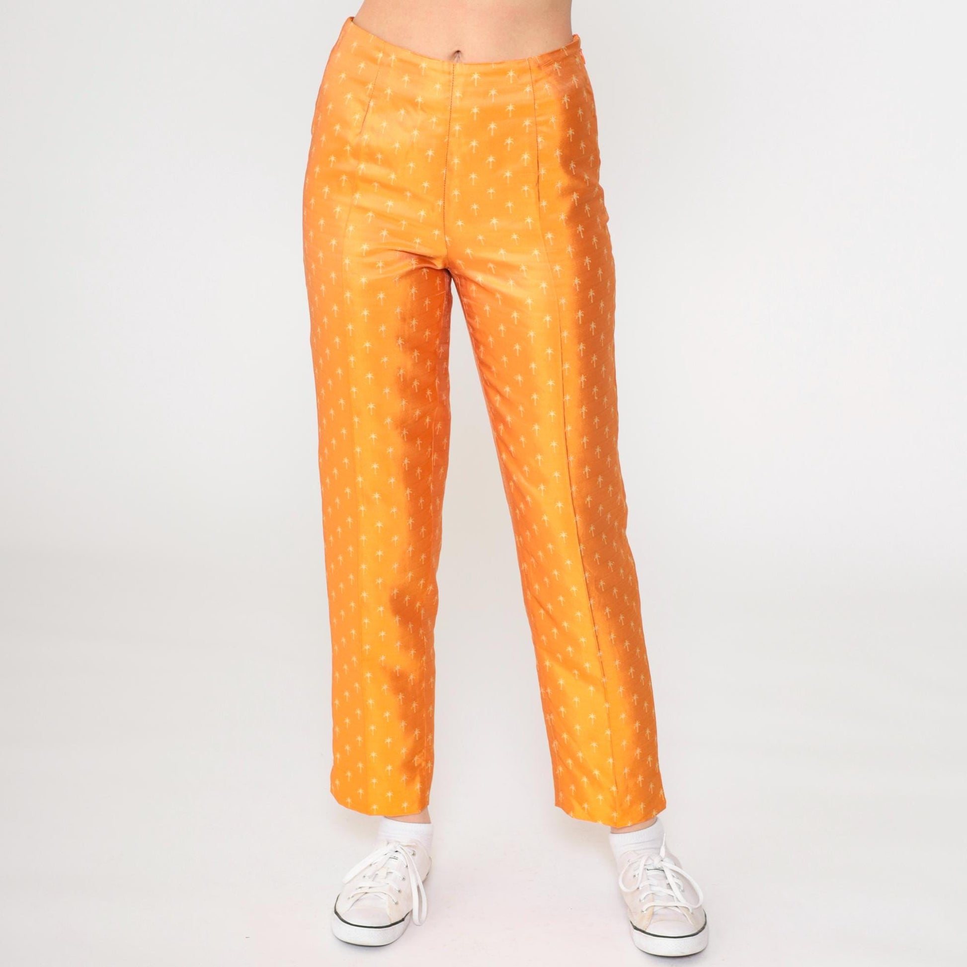 Biella Collezioni Silk Pants Orange Palm Tree Print High Waist Italy Extra Small XS