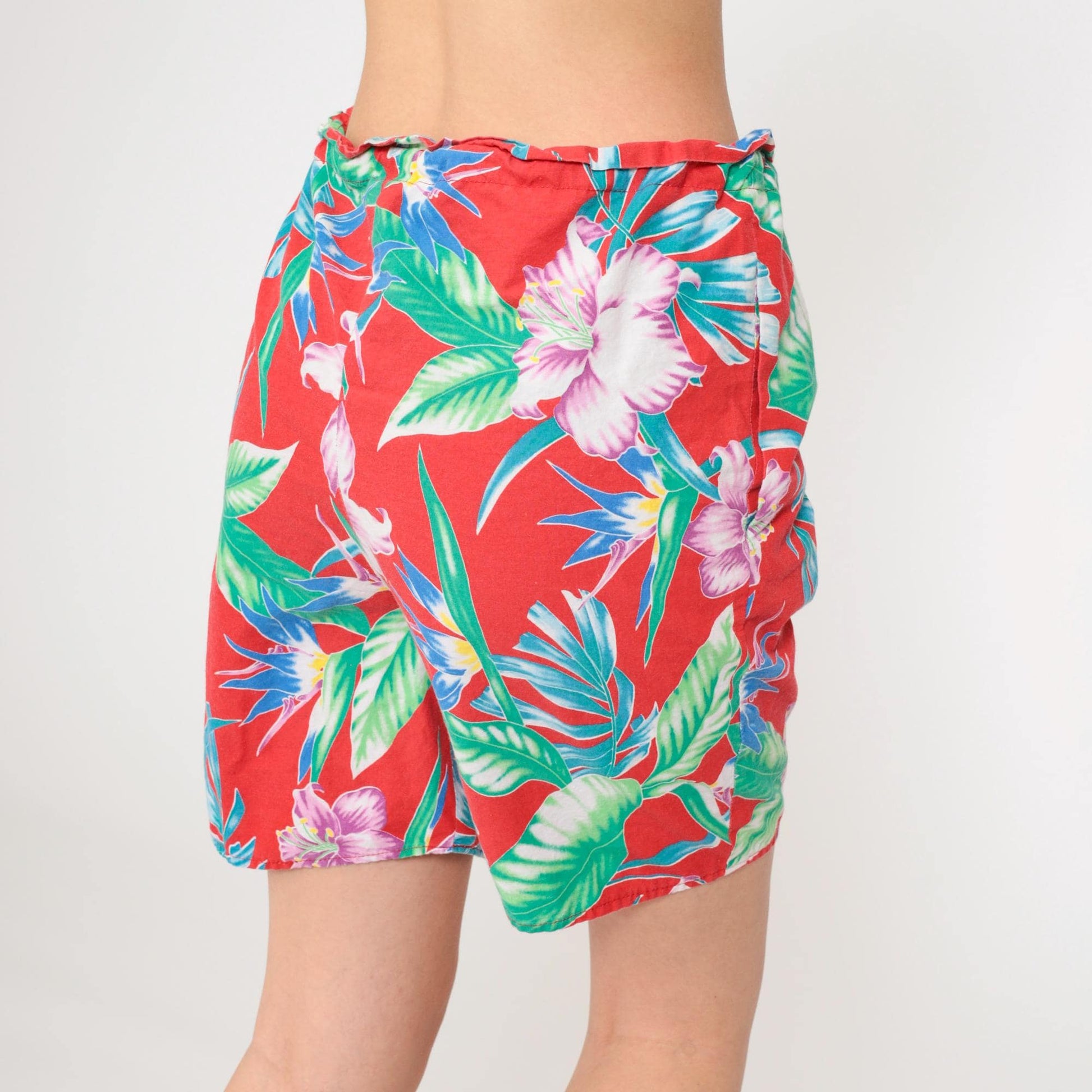 90s Tropical Floral Shorts Red Hawaiian High Drawstring Waist Small Medium