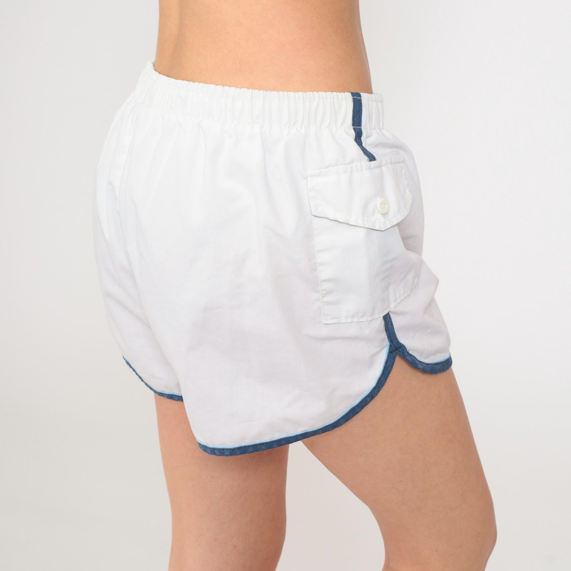 80s Kings Road Swim Shorts White Ringer Trim High Waist Elastic Waist Large