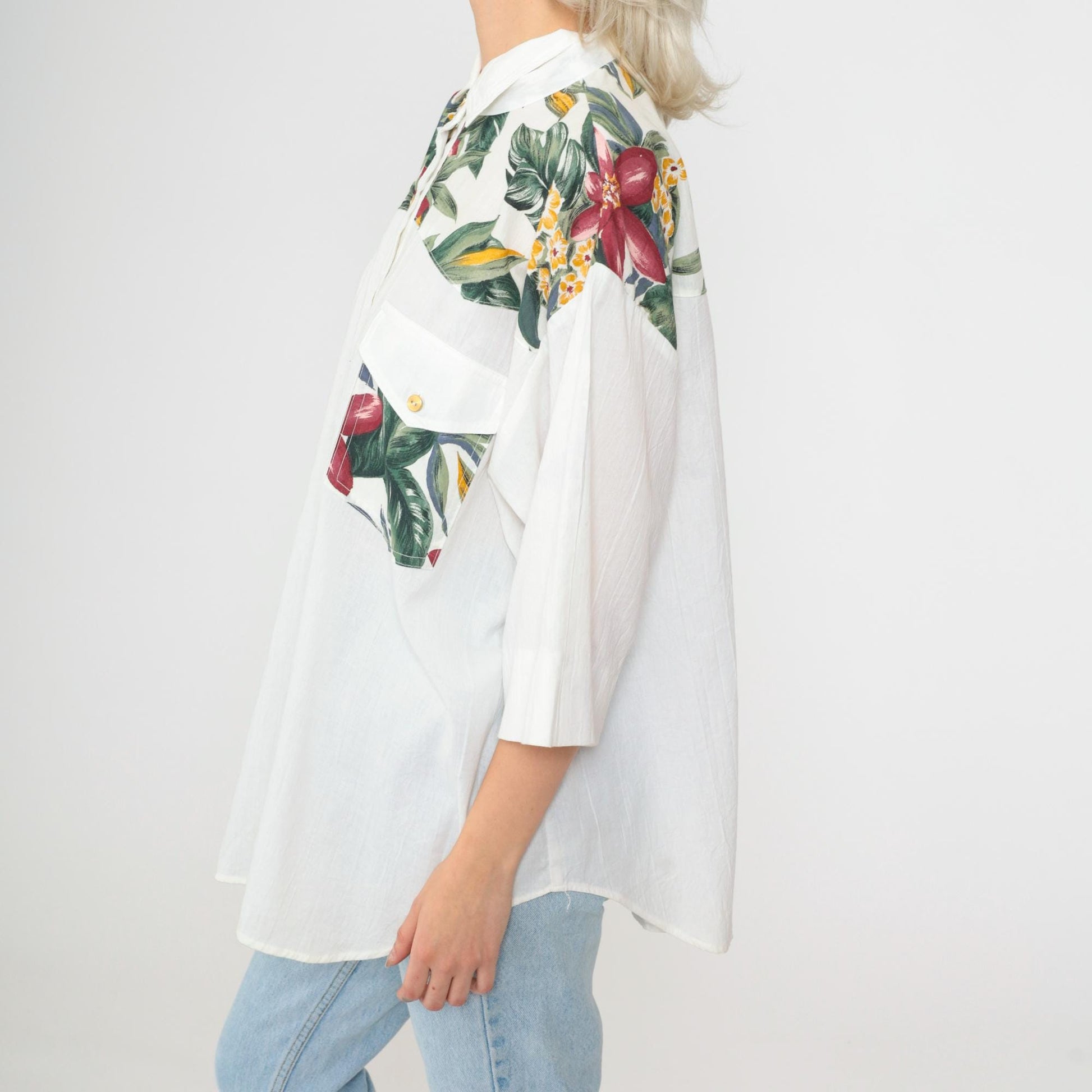 90s Tropical Floral Button Up Shirt White Yoke Pocket 3/4 Sleeve Plus Size XXL