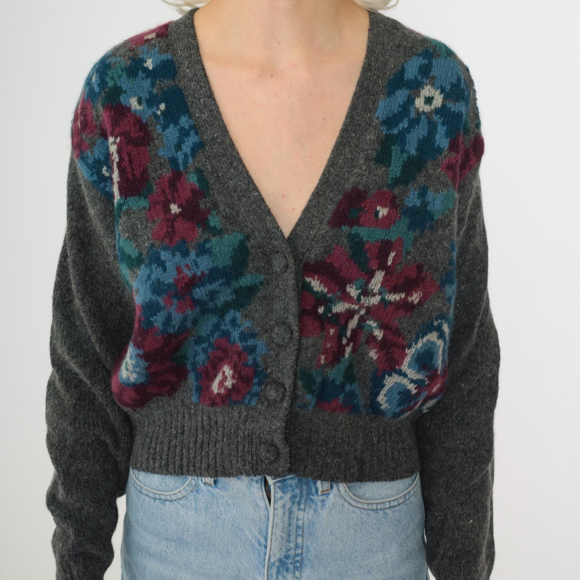 90s J.H Collectibles Wool Cardigan Grey Floral Cropped Angora Knit Small