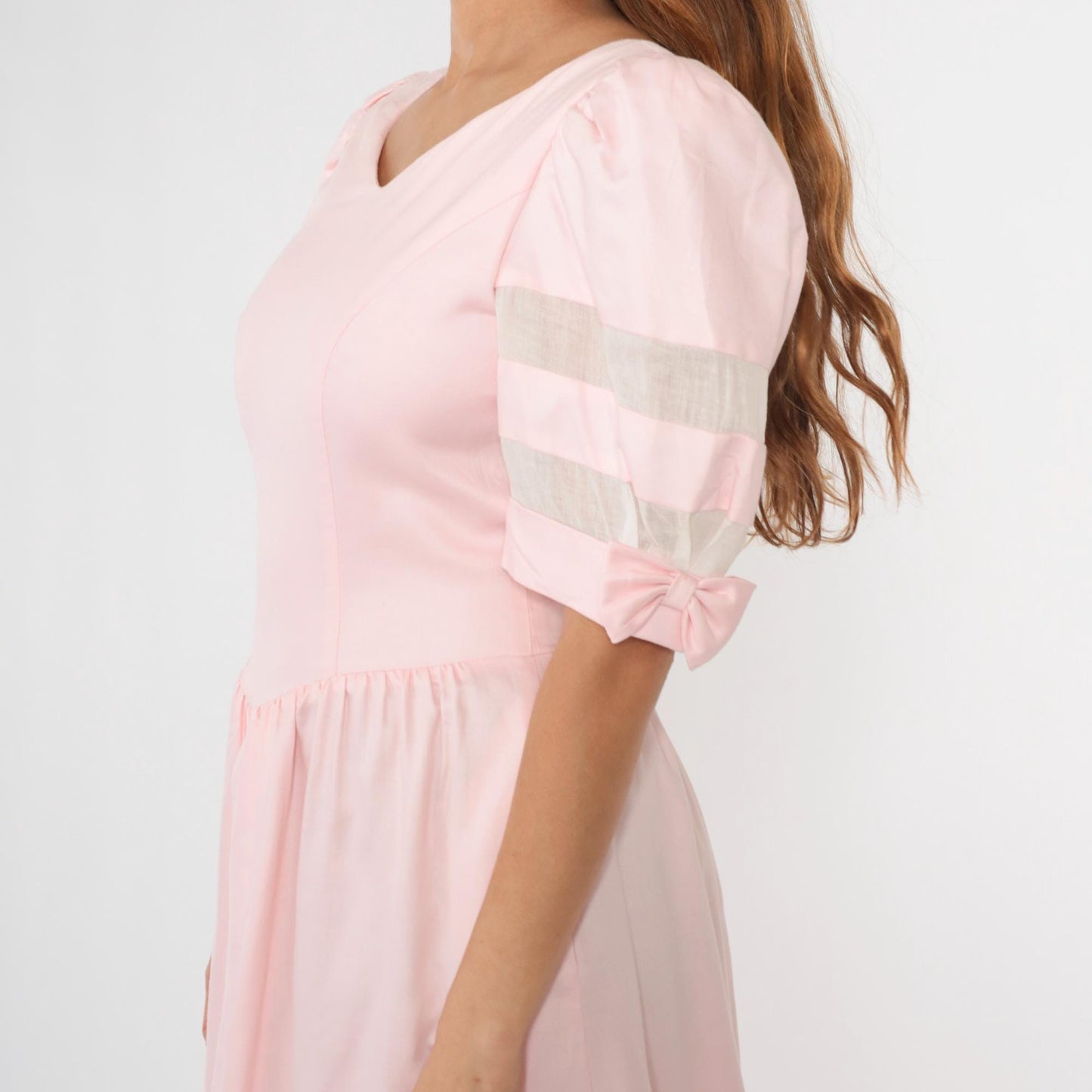 80s Lanz Originals Baby Pink Puff Sleeve Midi Dress Basque Waist Medium 8