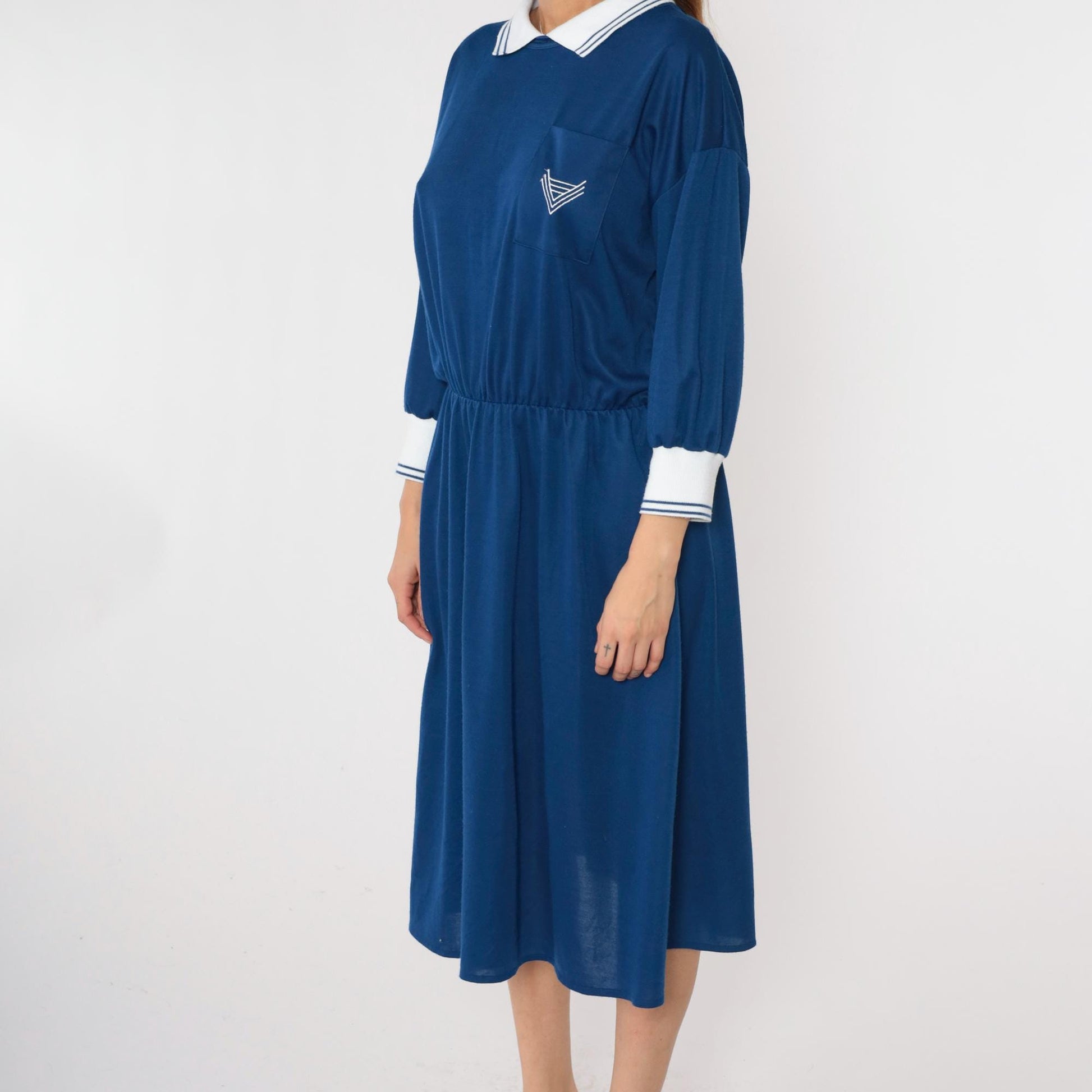 80s Nautical Midi Dress Chevron Crest Collar Long Sleeve Dark Blue Large