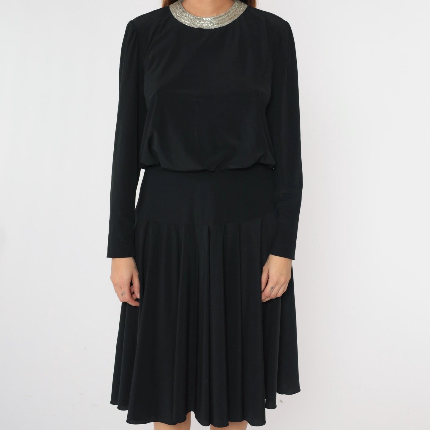 80s Ricki Lang Black Beaded Collar Midi Dress Drop Waist Long Sleeve Medium