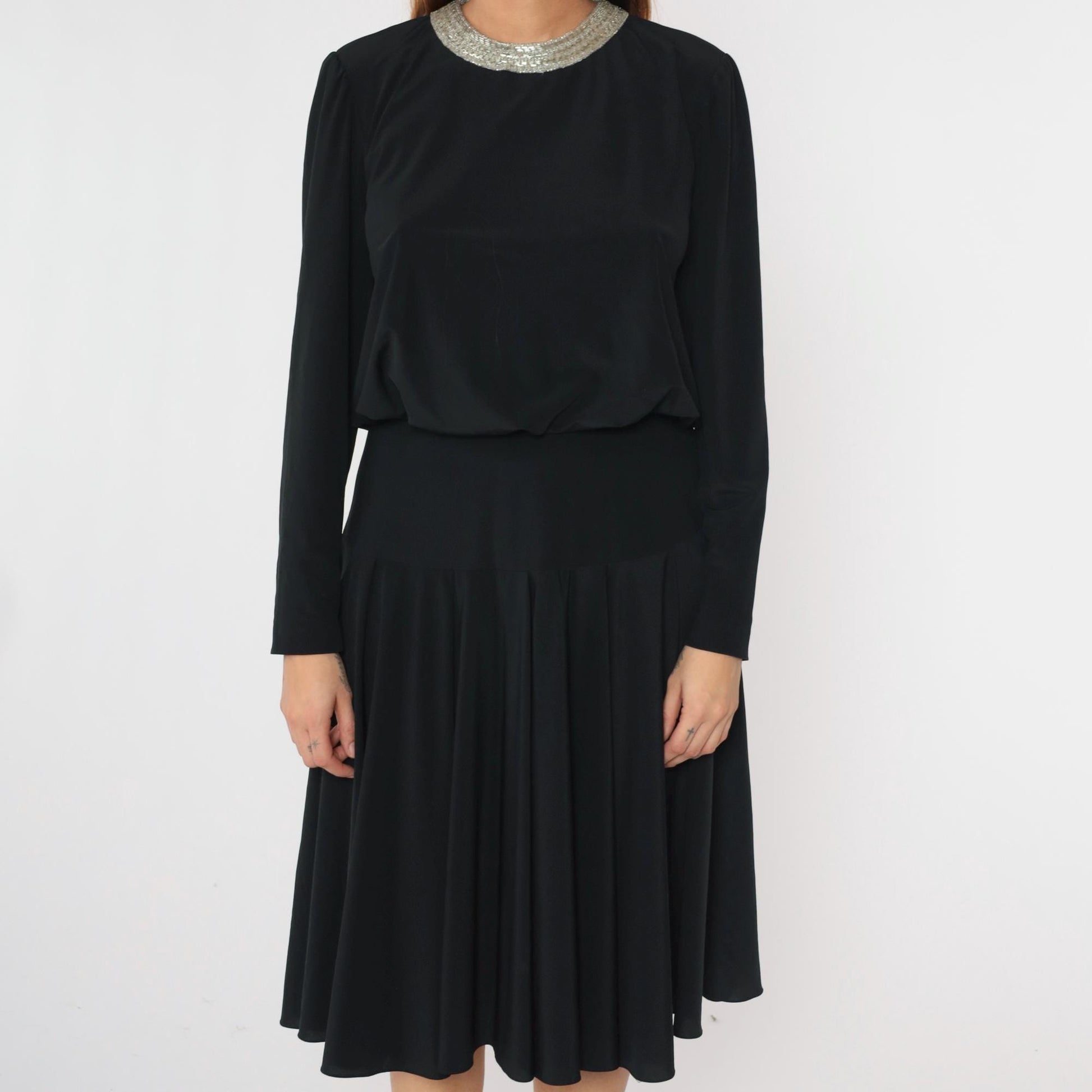 80s Ricki Lang Black Beaded Collar Midi Dress Drop Waist Long Sleeve Medium