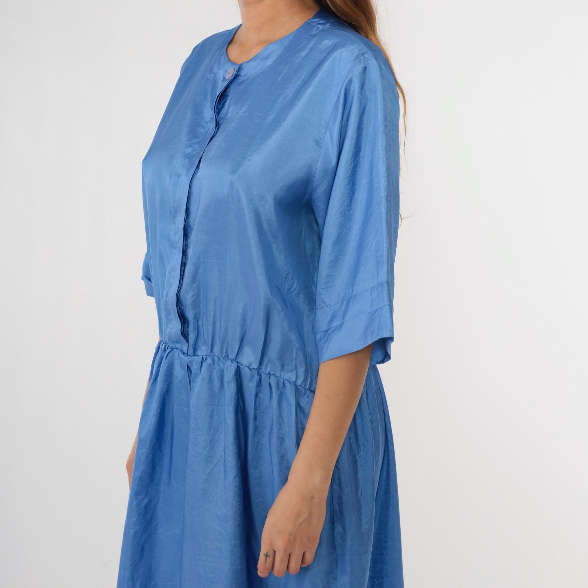 80s Ms Chaus Blue Shiny Midi Shirtdress High Waisted Button Up Medium Large