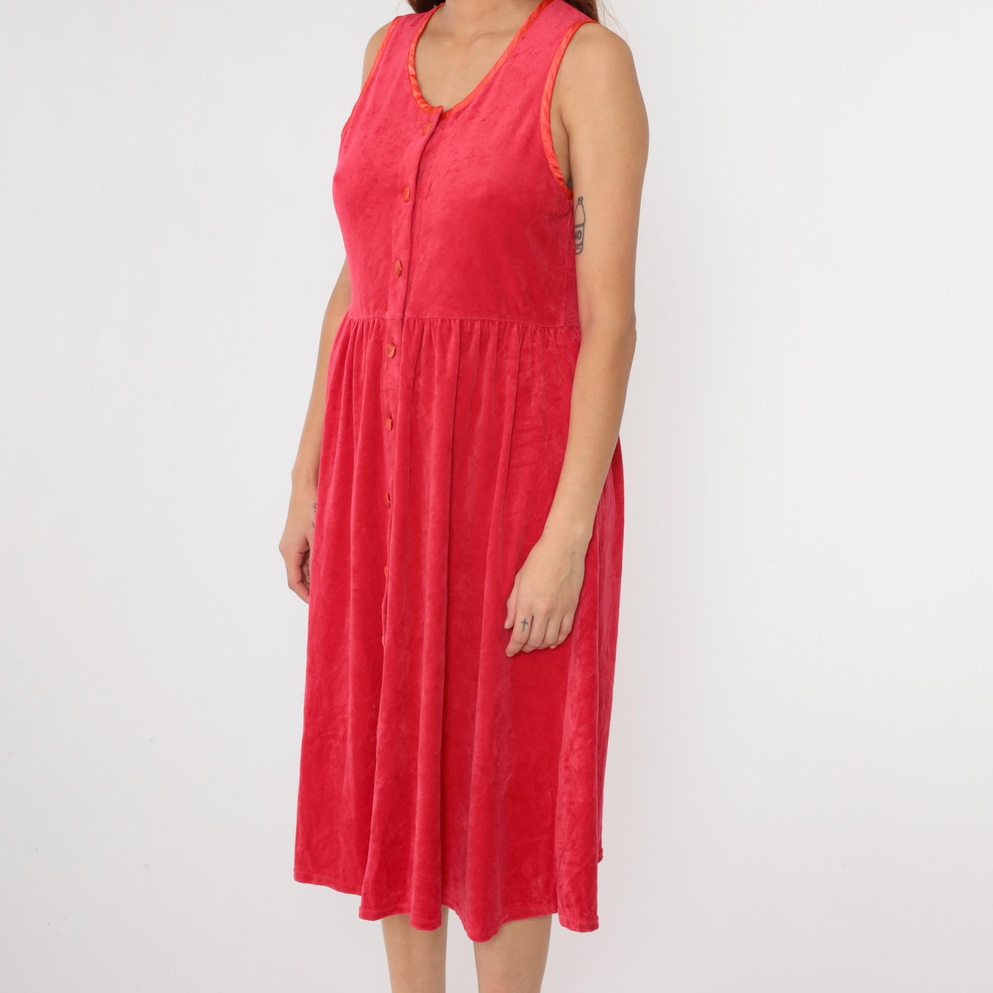 90s Red Velour Button-Up Midi Dress Sleeveless High Waist Medium Petite