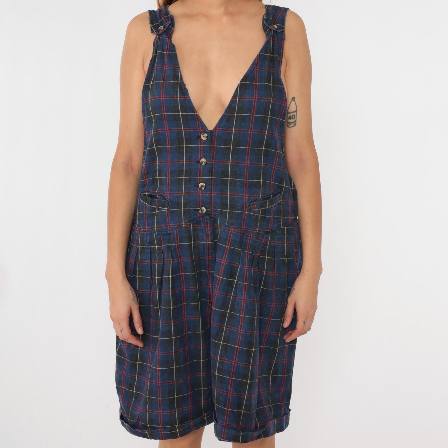 90s Catch the Spirit Checkered Romper Plus Size Charcoal Blue Deep V Neck 26W