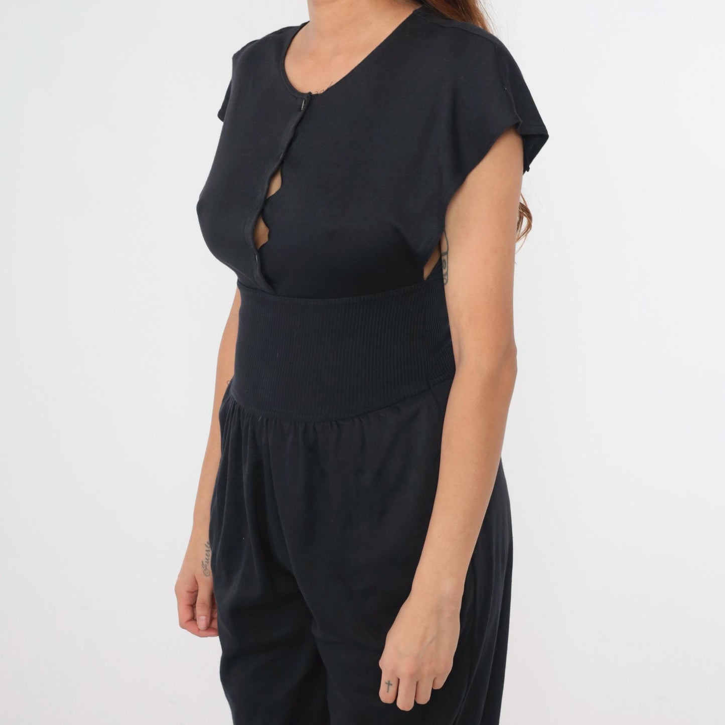 80s Black Button-Up Jumpsuit High Waist Dolman Sleeve Cropped Tapered Small