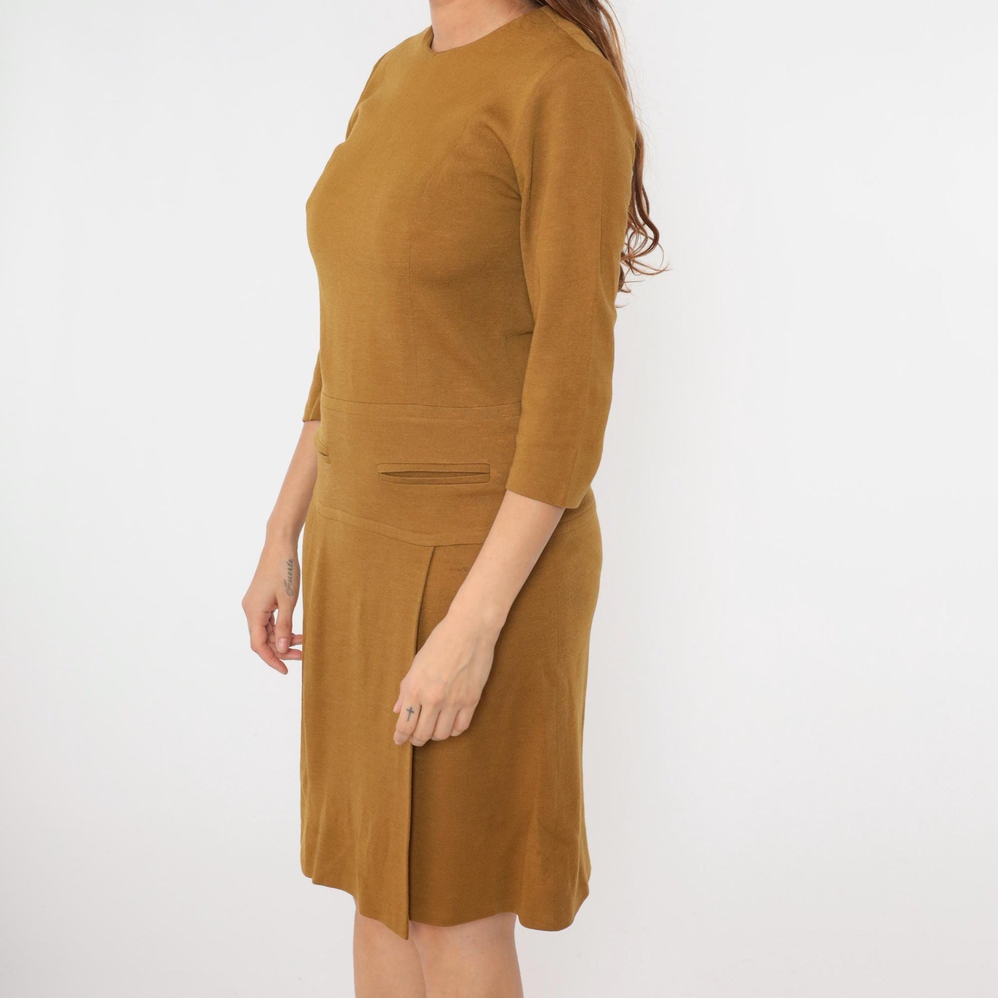 1960s Mod Scooter Dress Mustard Brown Wool Blend Drop Waist Pleated Small