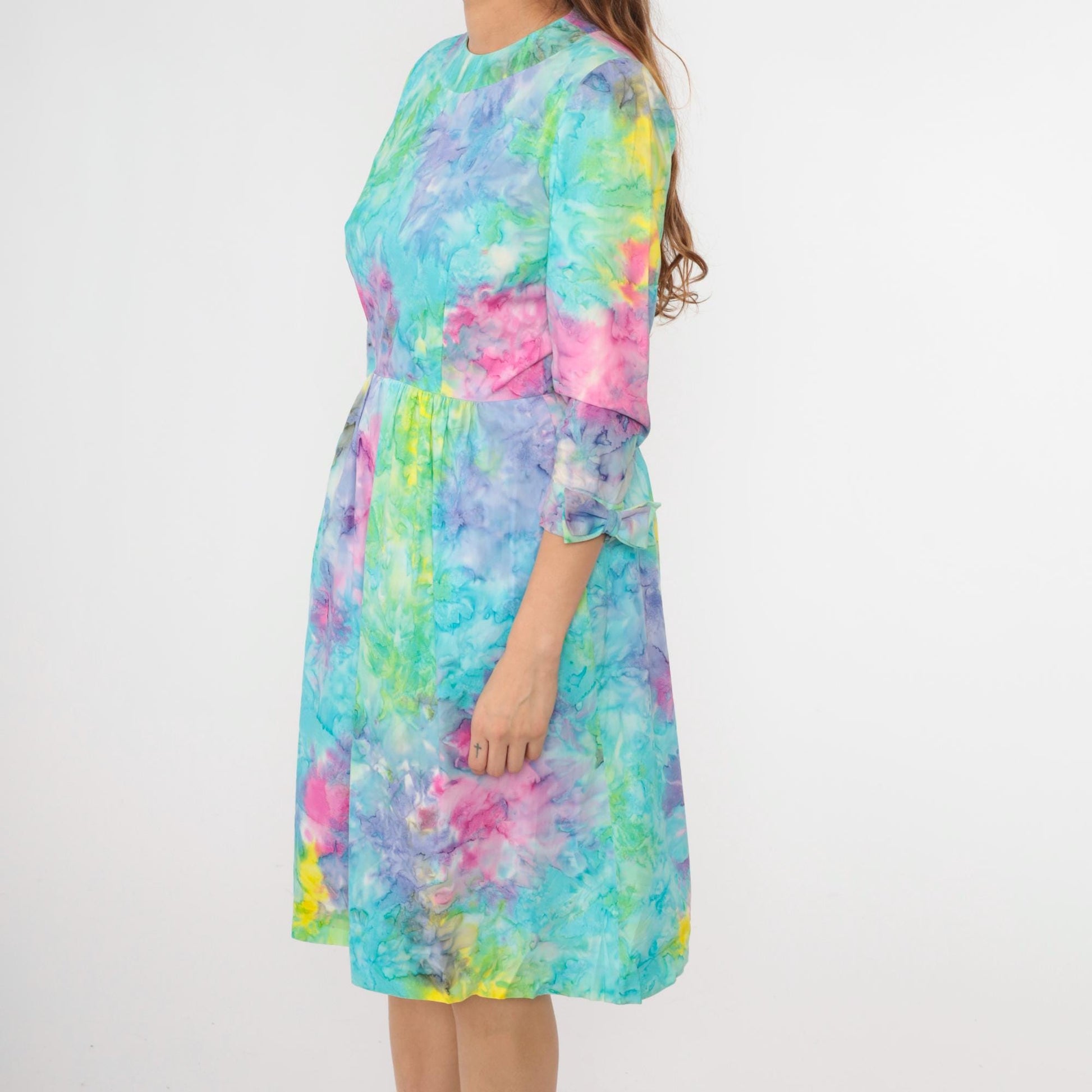 70s Tie Dye Dress High Waist Bow 3/4 Sleeve Midi Blue Green Pink Small