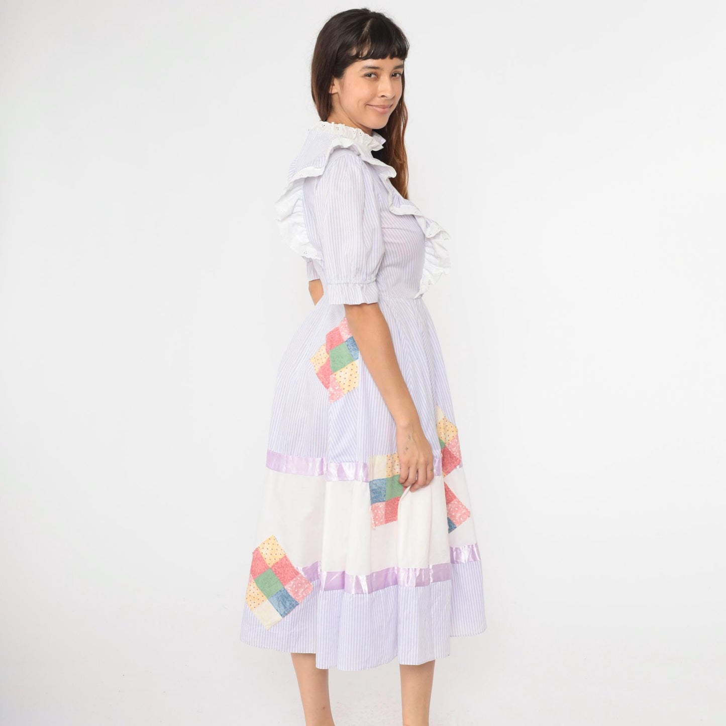 80s Jeri Bee Square Dance Dress Lavender Striped Puff Sleeve Midi Small