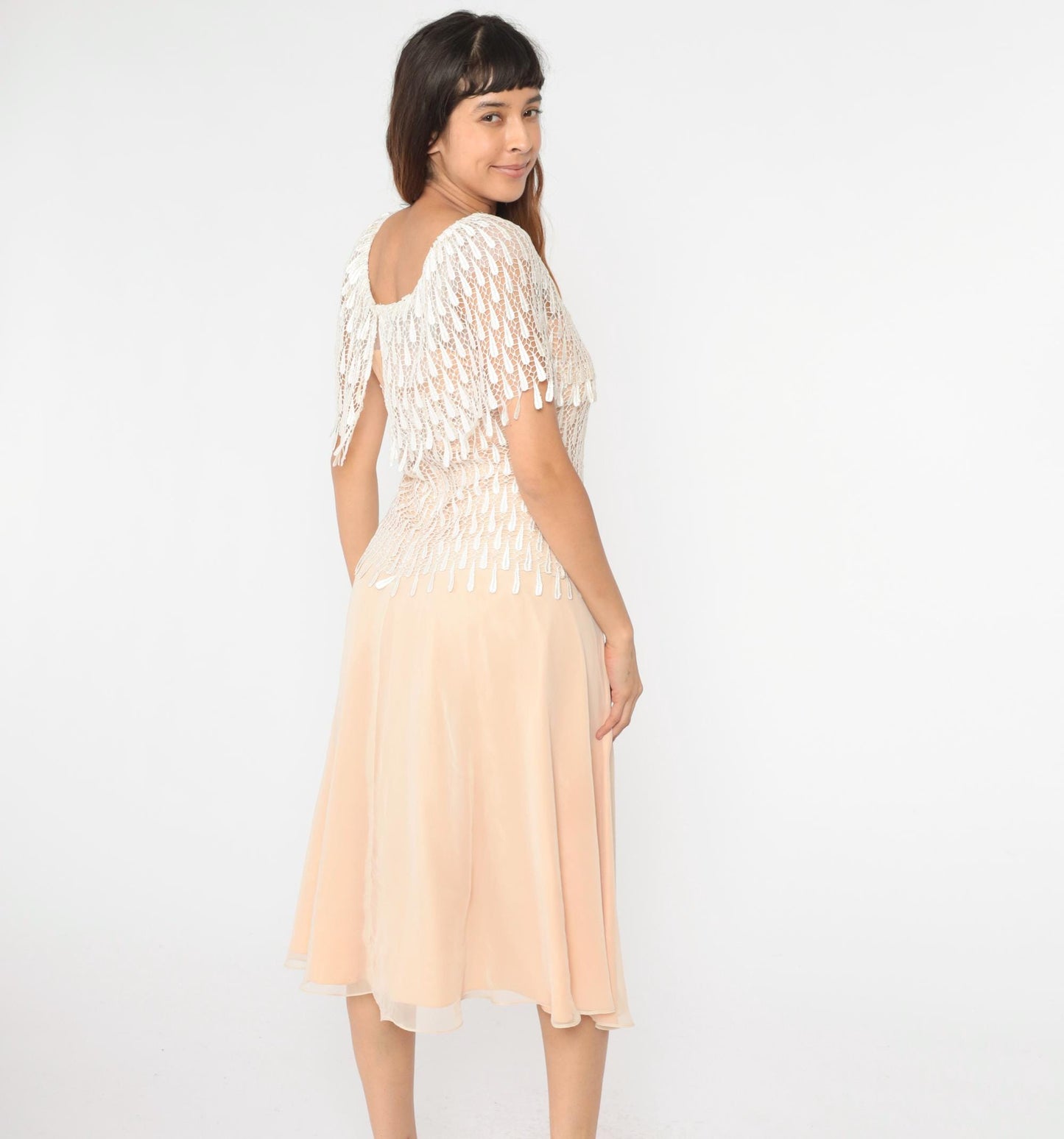 70s Peach Midi Dress Macramé Lace Capelet Chiffon Small