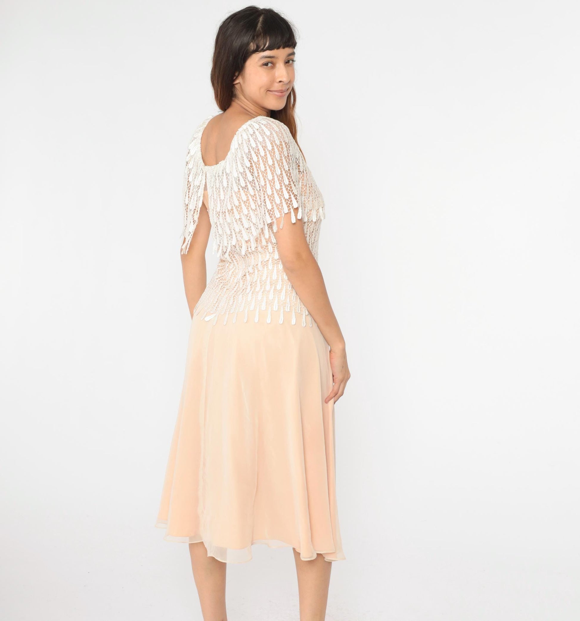 70s Peach Midi Dress Macramé Lace Capelet Chiffon Small