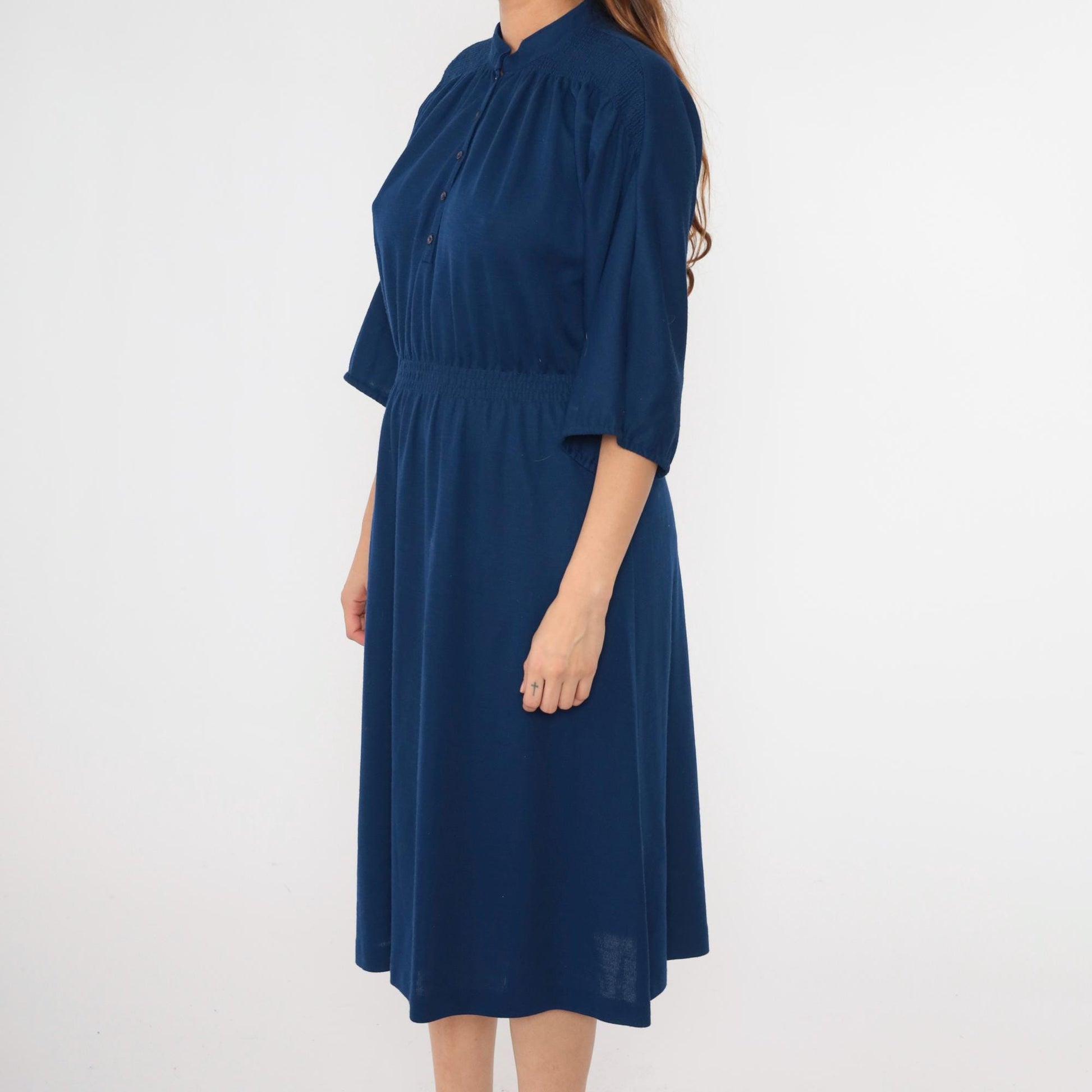 80s Leslie Fay Navy Mandarin Collar Shirtdress Midi Button-Up Small