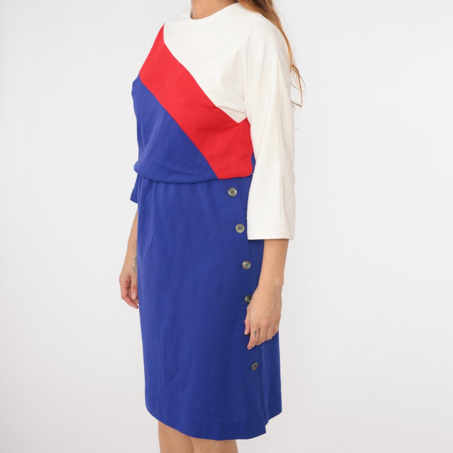 80s Leslie Fay Petites Colorblock Midi Dress Blue Red White Dolman Sleeve Small