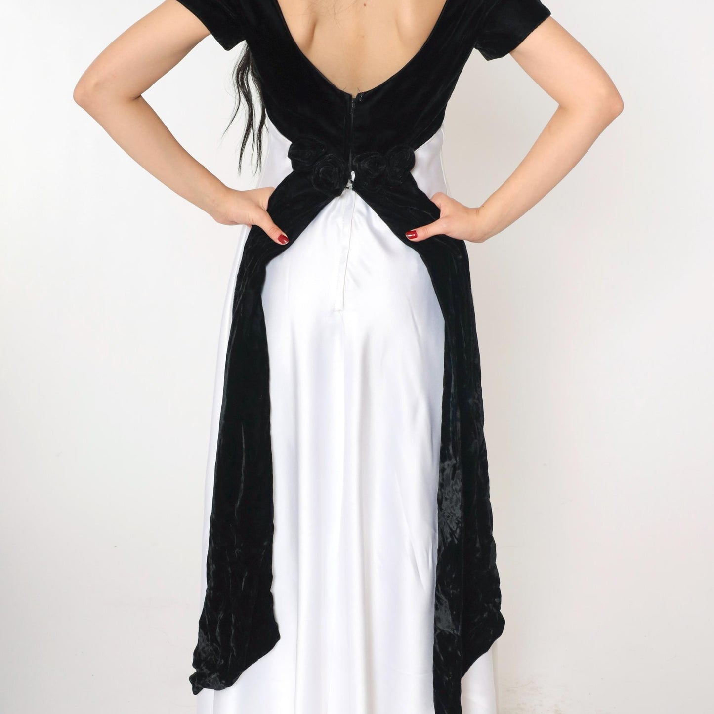 90s Jim Hjelm Black Velvet White Satin Maxi Dress Empire Waist Small 6