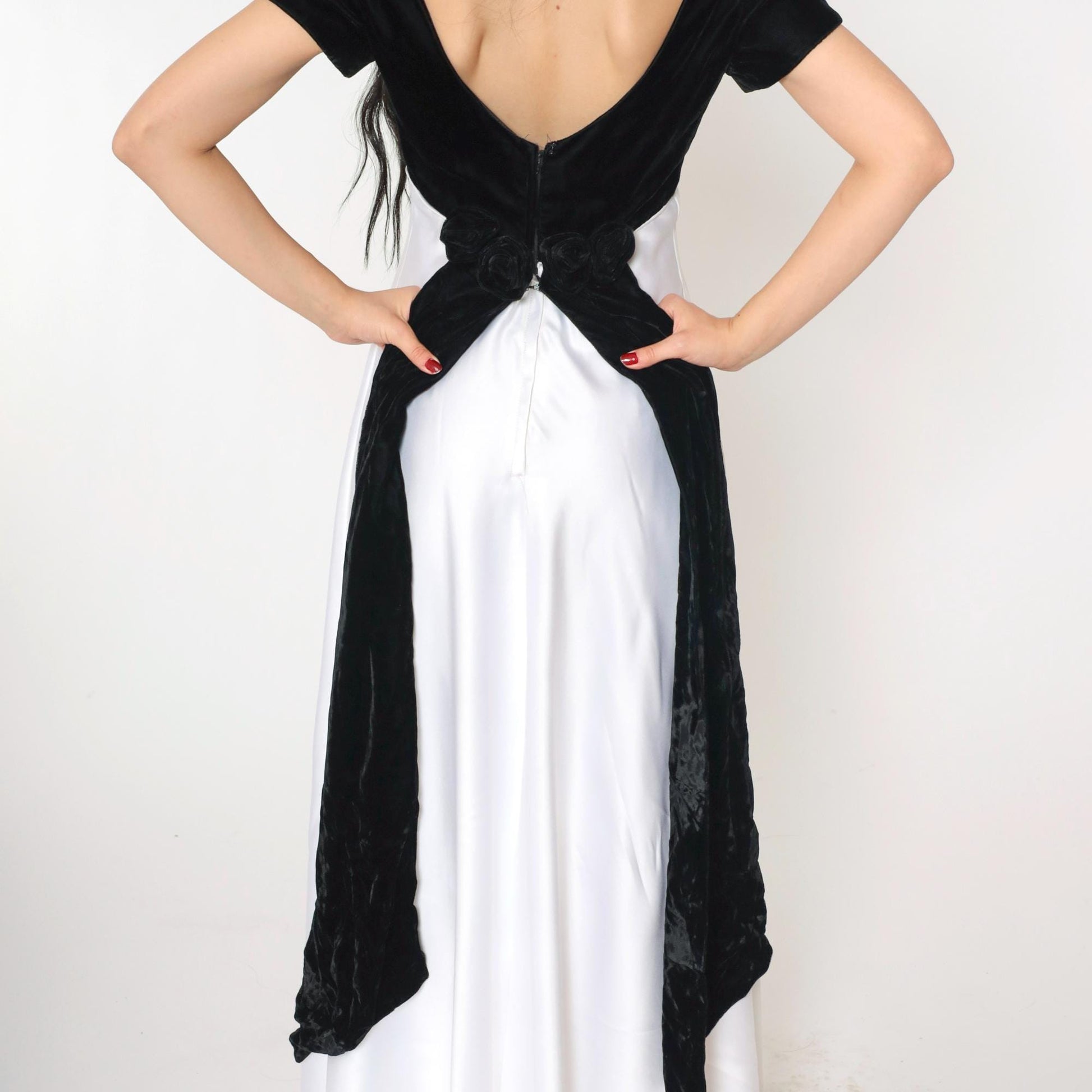90s Jim Hjelm Black Velvet White Satin Maxi Dress Empire Waist Small 6