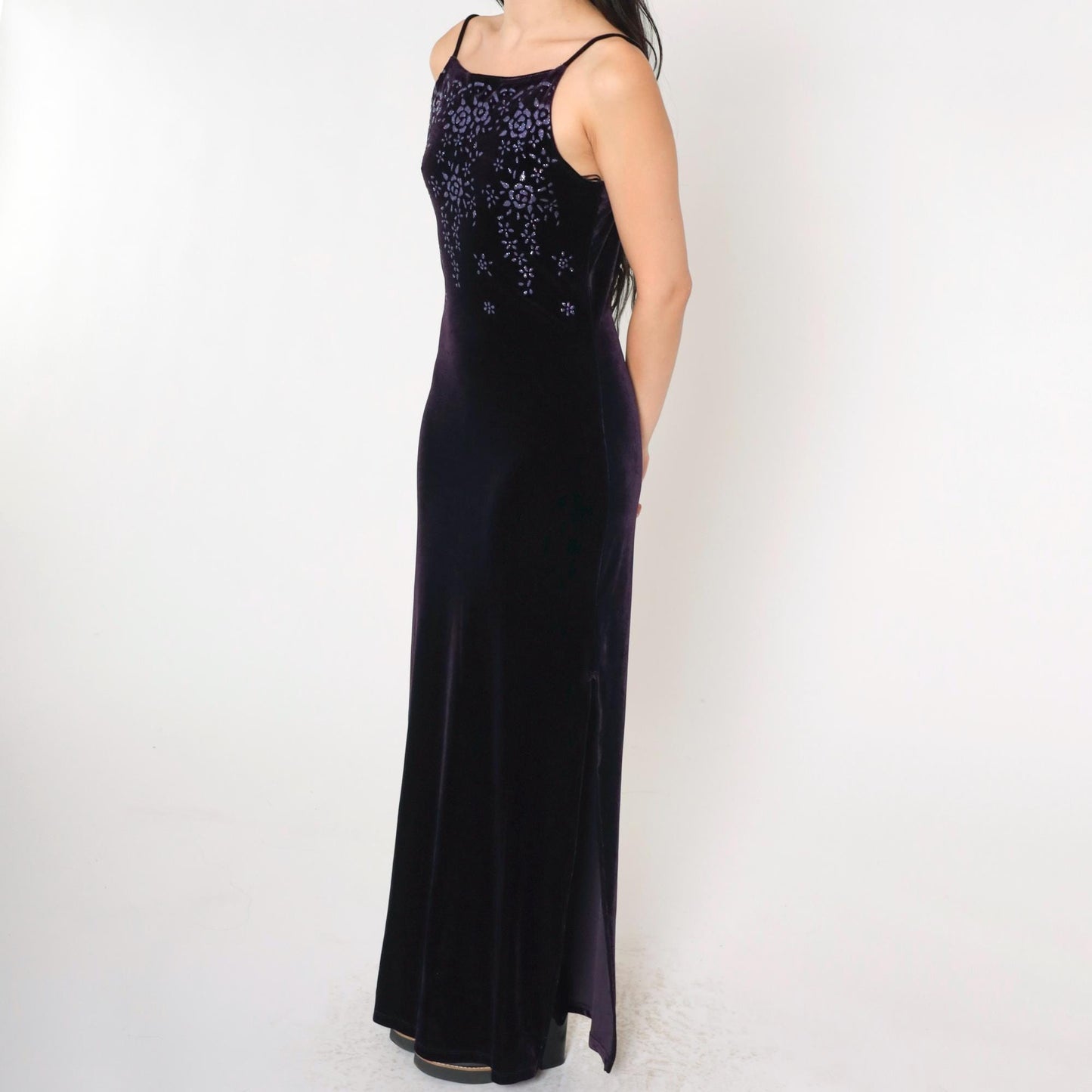 90s Purple Velvet Maxi Dress Glitter Floral Spaghetti Strap Side Slit Small