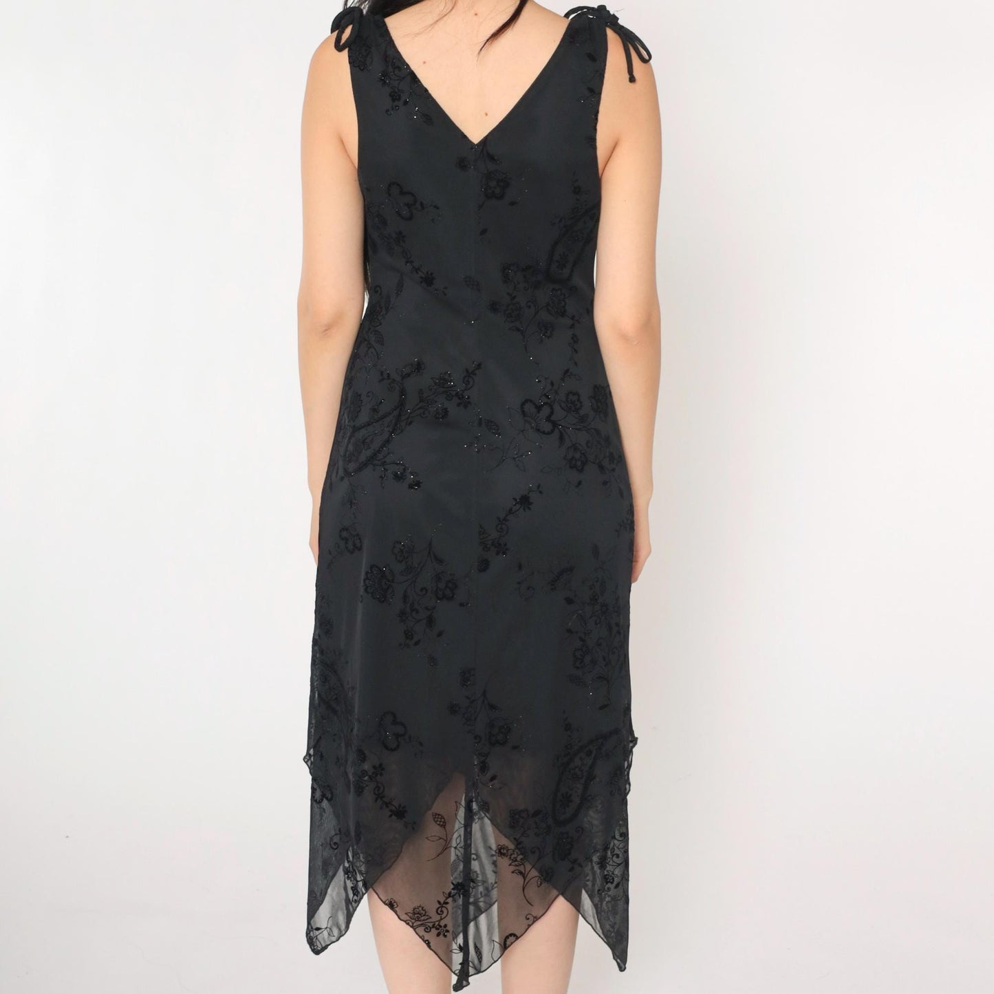 90s City Triangles Sparkly Floral Midi Dress Black Empire Waist V Neck Small
