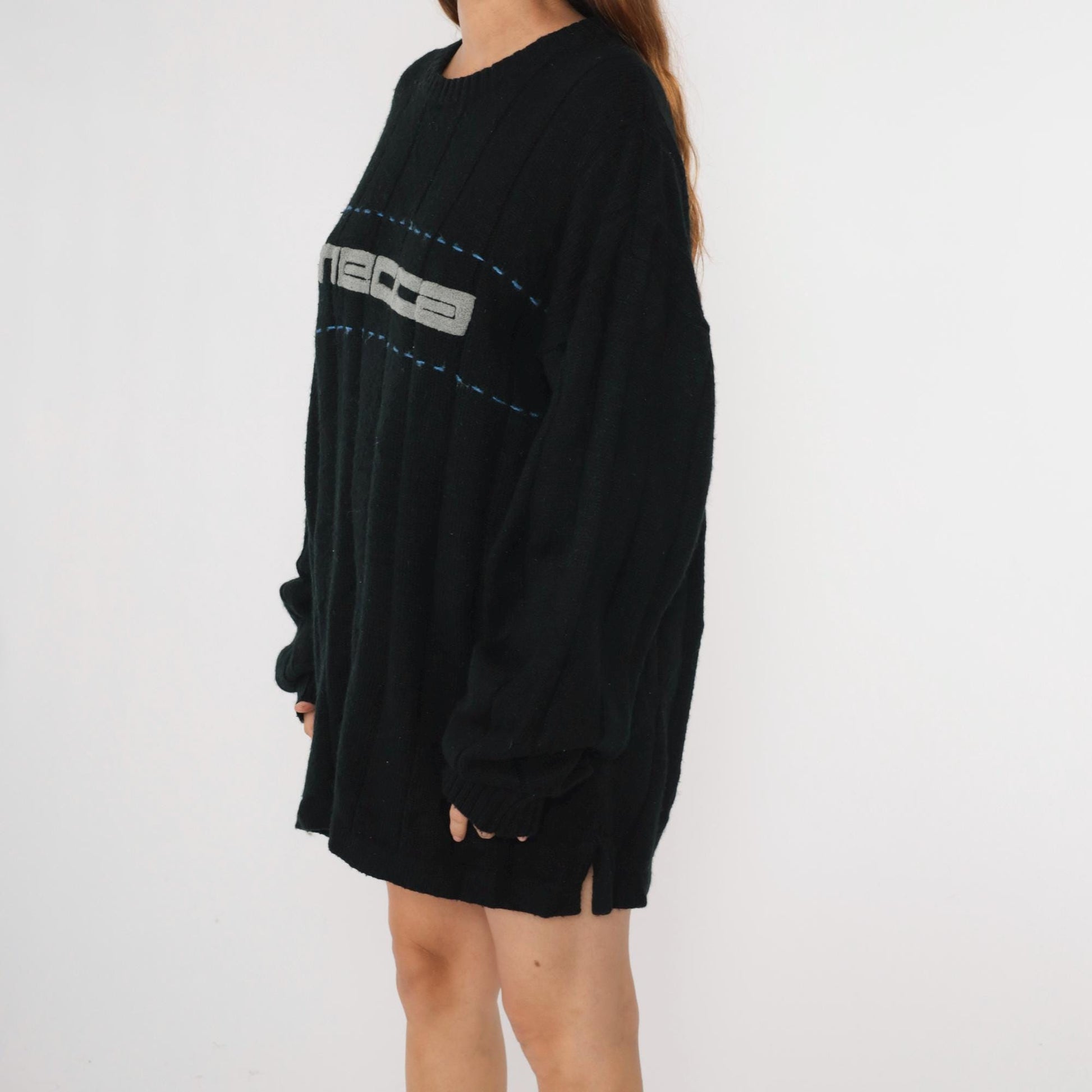 Y2K Mecca Black Logo Crewneck Sweater Ribbed Terry Cloth Pullover Extra Extra Large XXL