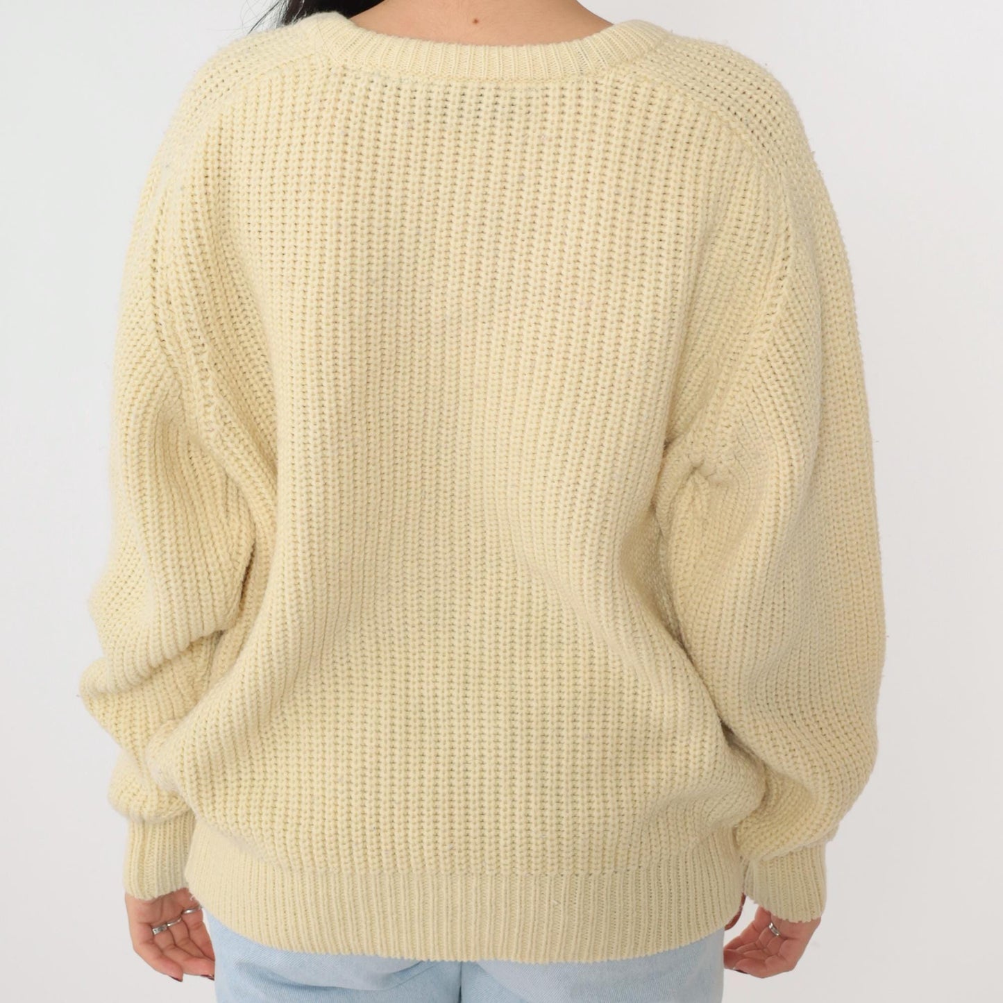 80s Cream Textured Knit Raglan Sweater Crewneck Pullover Medium Large
