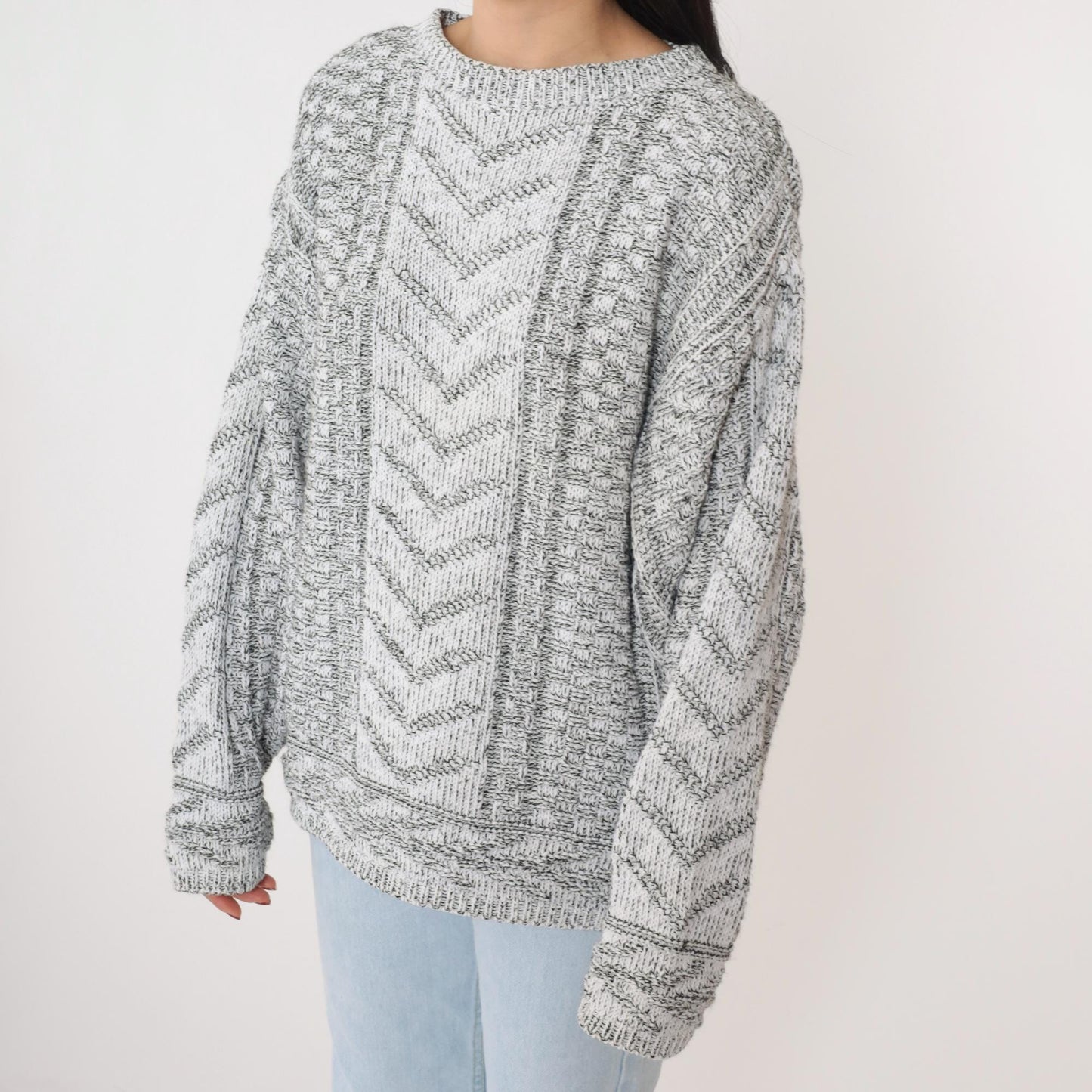 90s Grey Chevron Knit Pullover Sweater White Geometric Crewneck Small