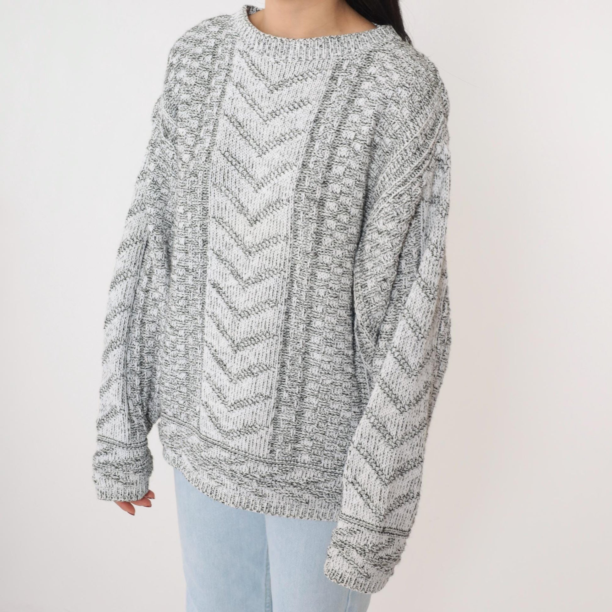 90s Grey Chevron Knit Pullover Sweater White Geometric Crewneck Small
