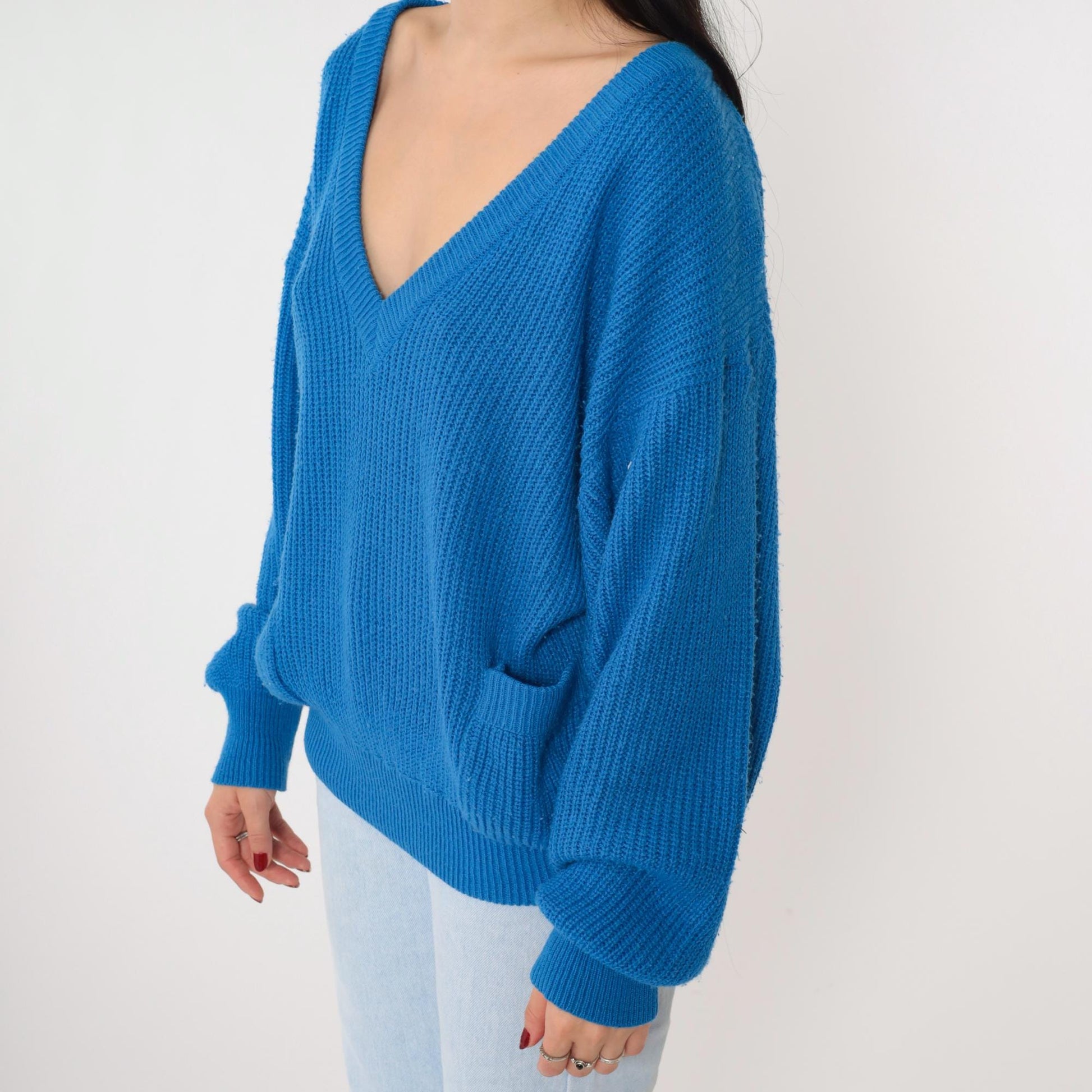 80s Buggi Electric Blue V-Neck Ribbed Knit Sweater Pockets Large