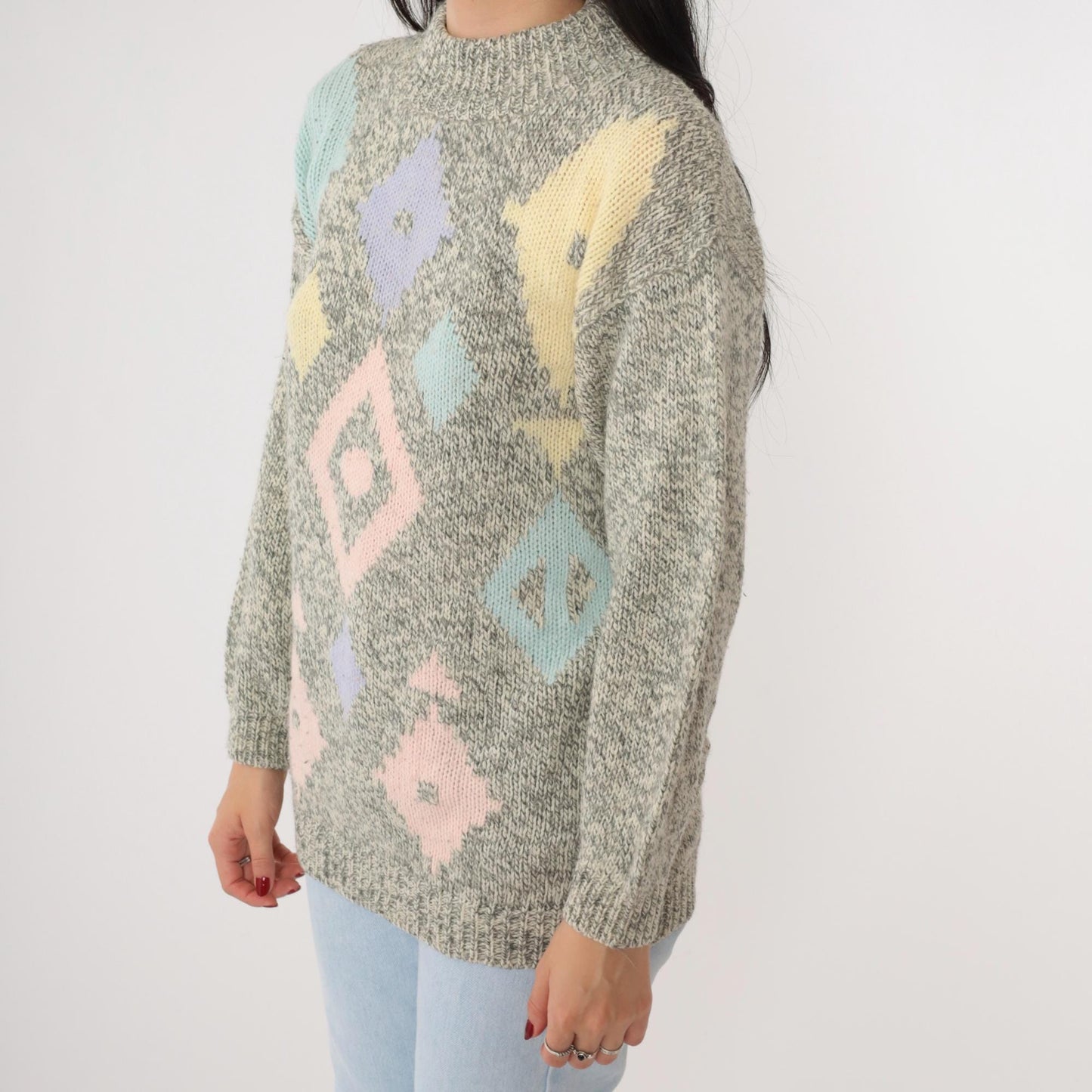 80s Geometric Mock Neck Sweater Grey Pink Lavender Diamond Knit Medium