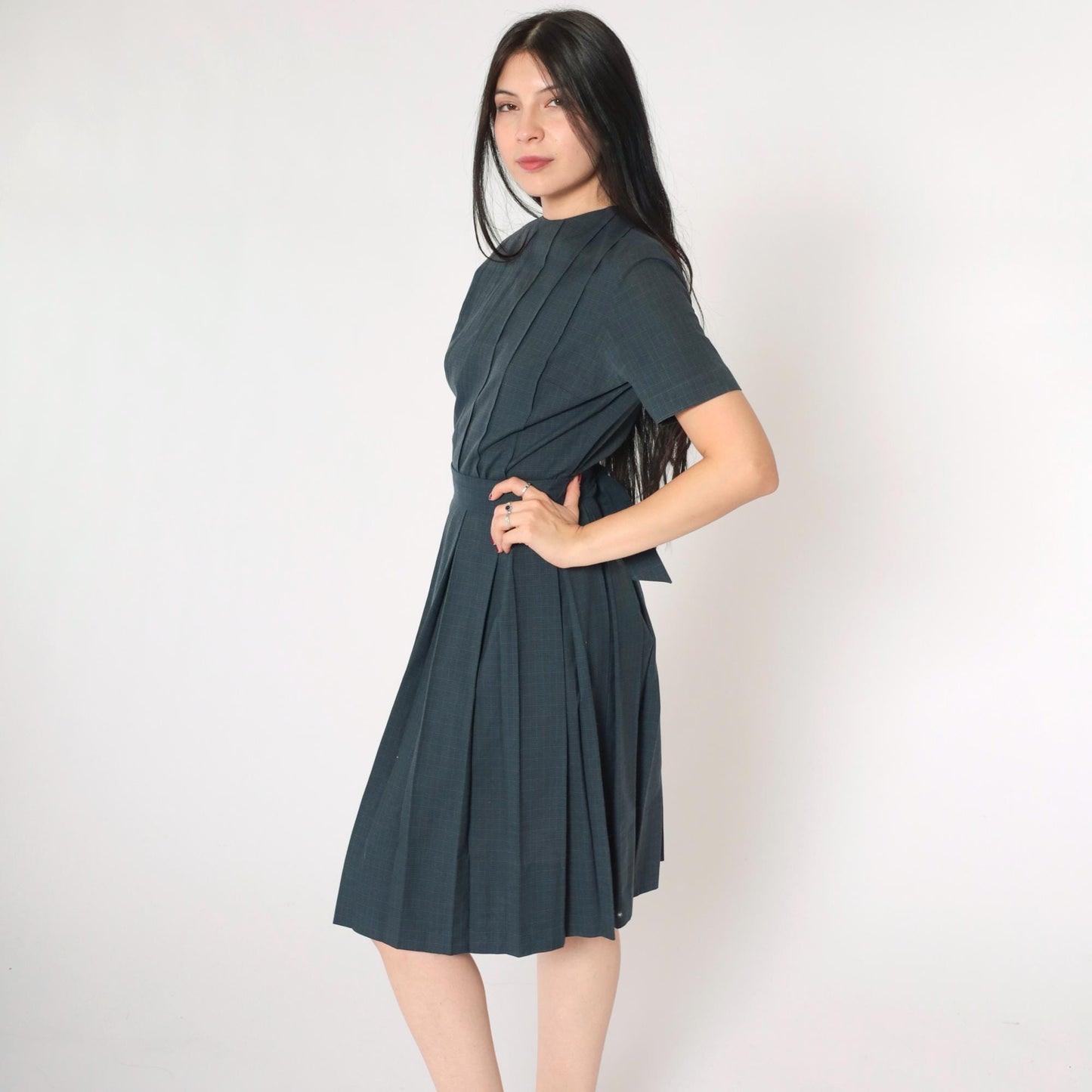 1960s Grey Checkered Pleated Day Dress High Waist Button Back Small