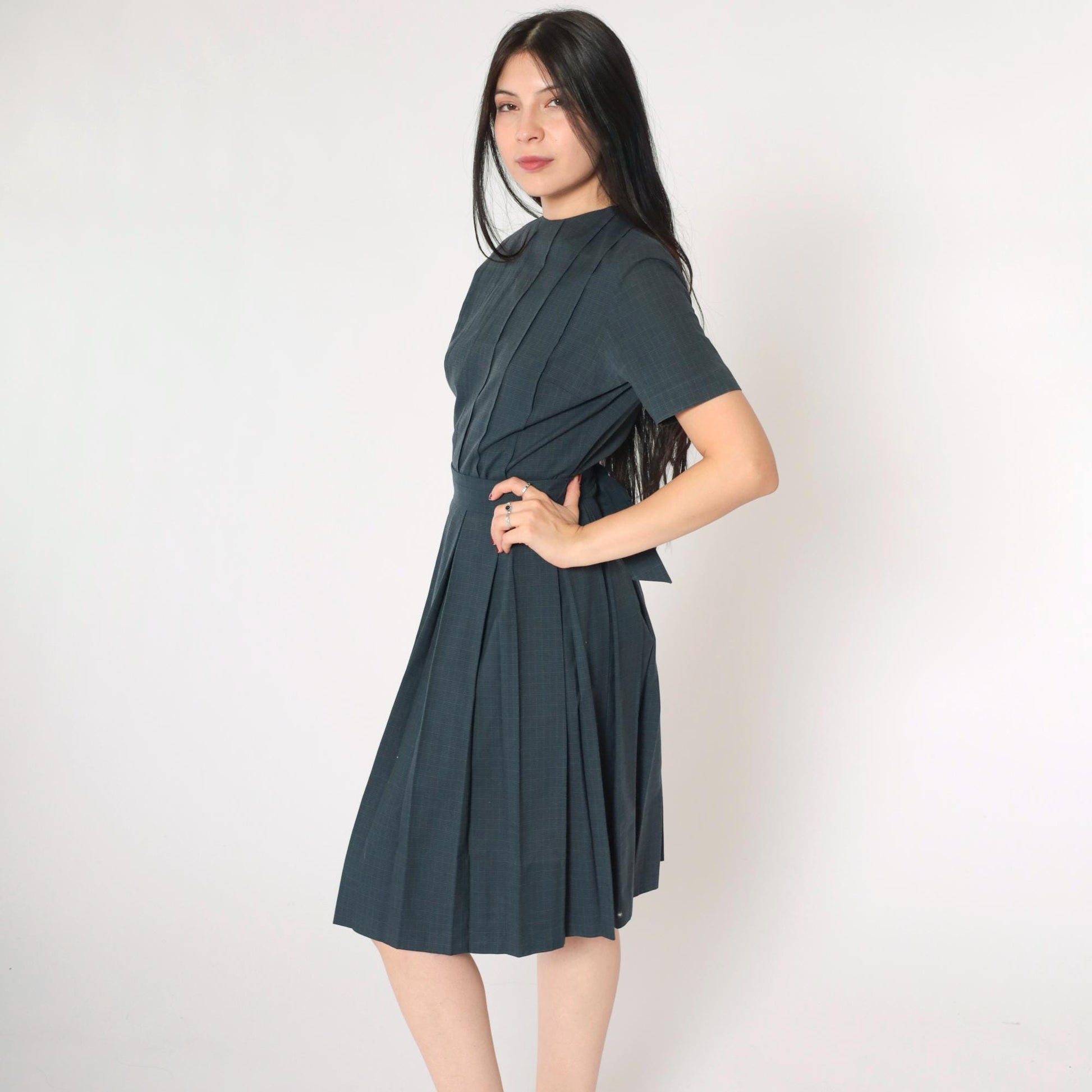 1960s Grey Checkered Pleated Day Dress High Waist Button Back Small