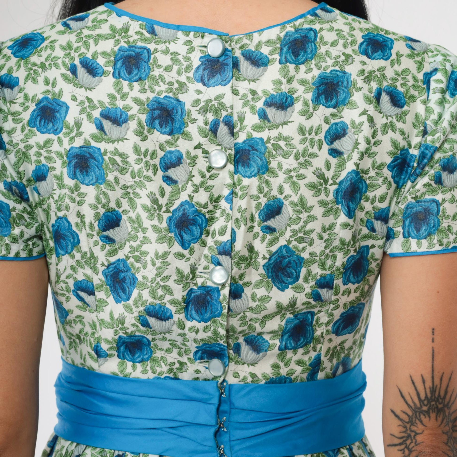 1960s Floral Dress Blue Green Mini High Waist Short Sleeve Small