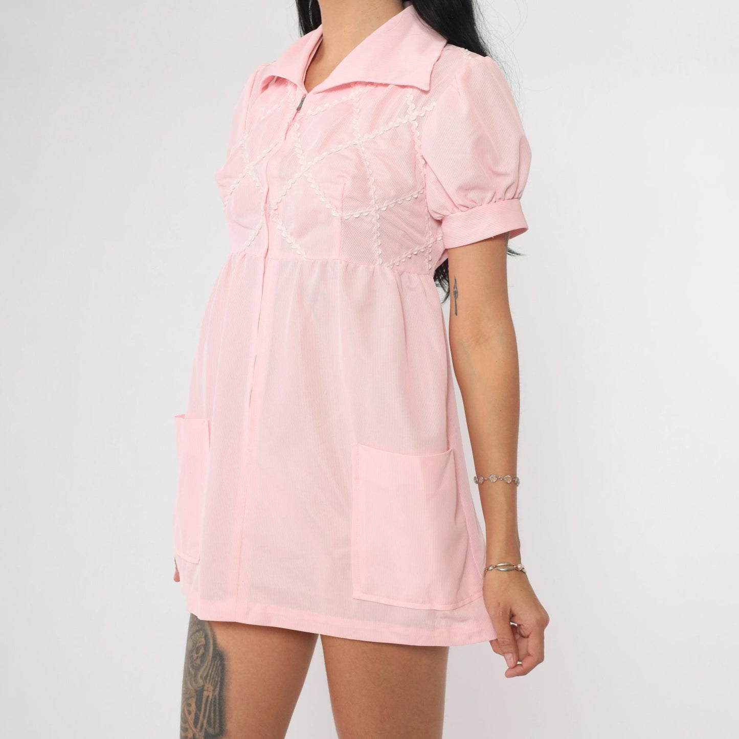 70s Baby Pink Babydoll Dress Puff Sleeve Empire Waist Micro Mini Extra Small