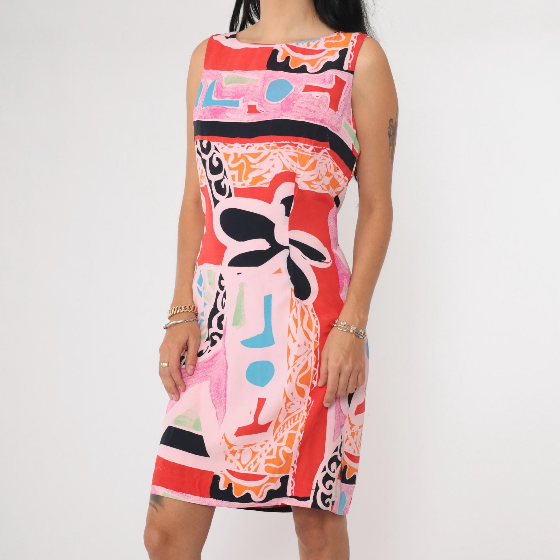 90s Ducci Pink Abstract Floral Sheath Mini Dress Sleeveless Small