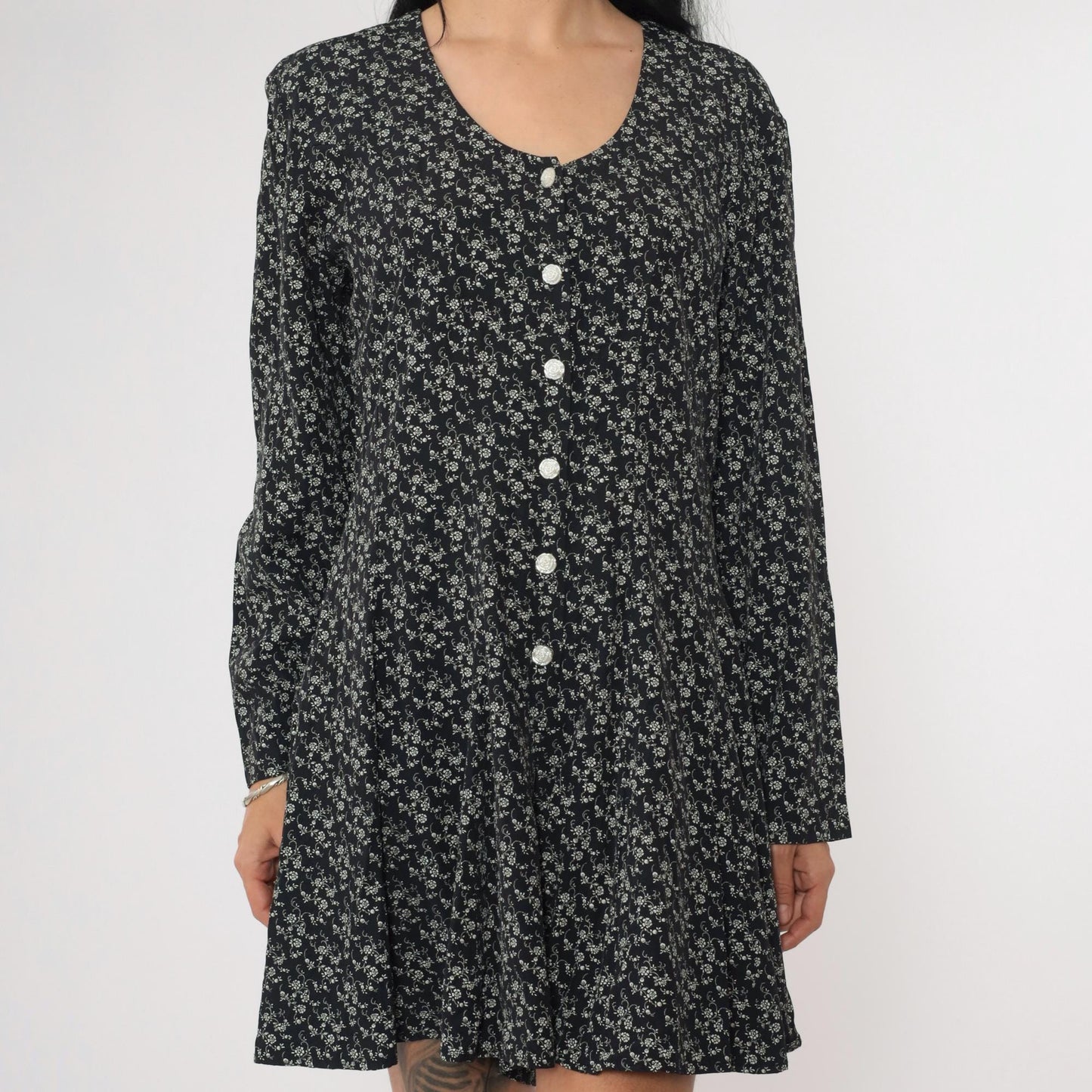 90s Floral Button-Up Romper Black White Long Sleeve Wide Leg Small Medium