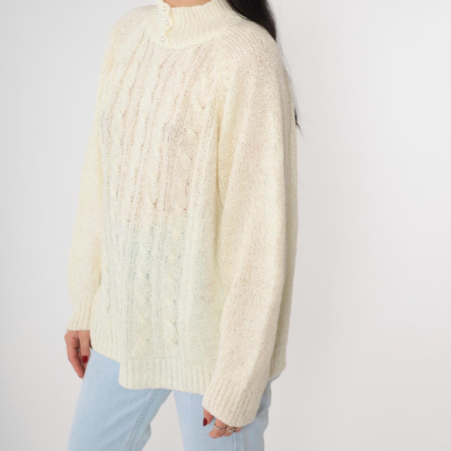 80s Miranda Cable Knit Sweater Cream Mock Neck Pearl Buttons Large L