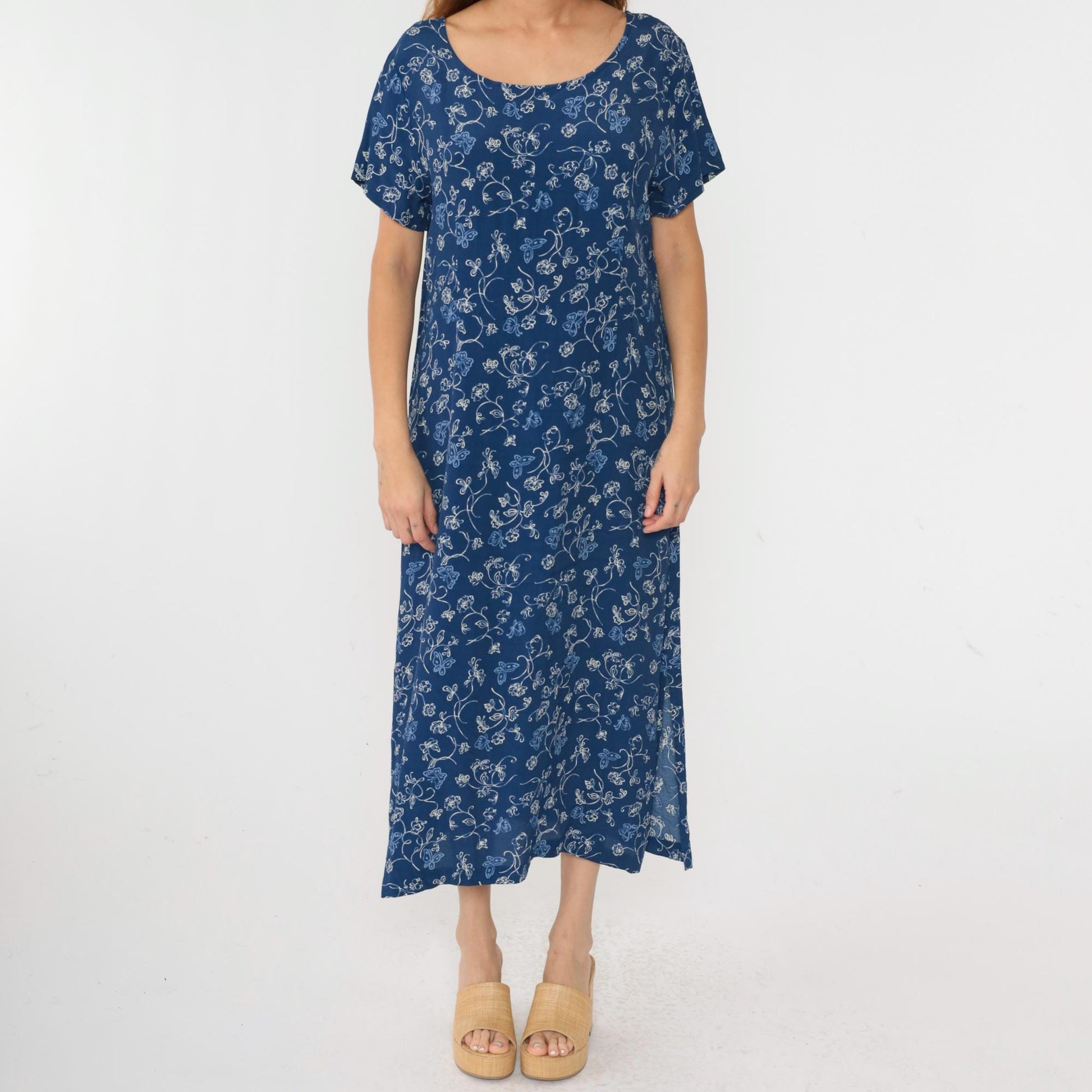 90s Erika Studio Floral Butterfly Maxi Dress Blue Ankle Length Medium