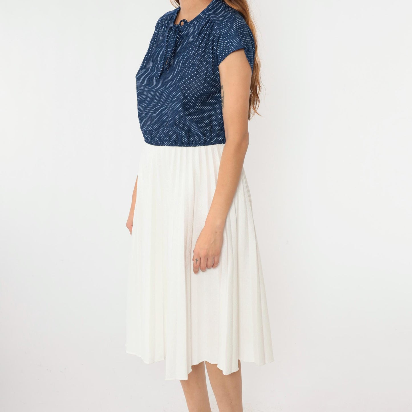 70s Polka Dot Midi Dress Blue White Keyhole Tie Neck High Waisted Medium